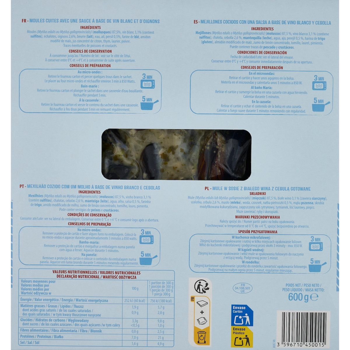 AUCHAN Moules cuisinées à la marinière 1/2 parts 600g