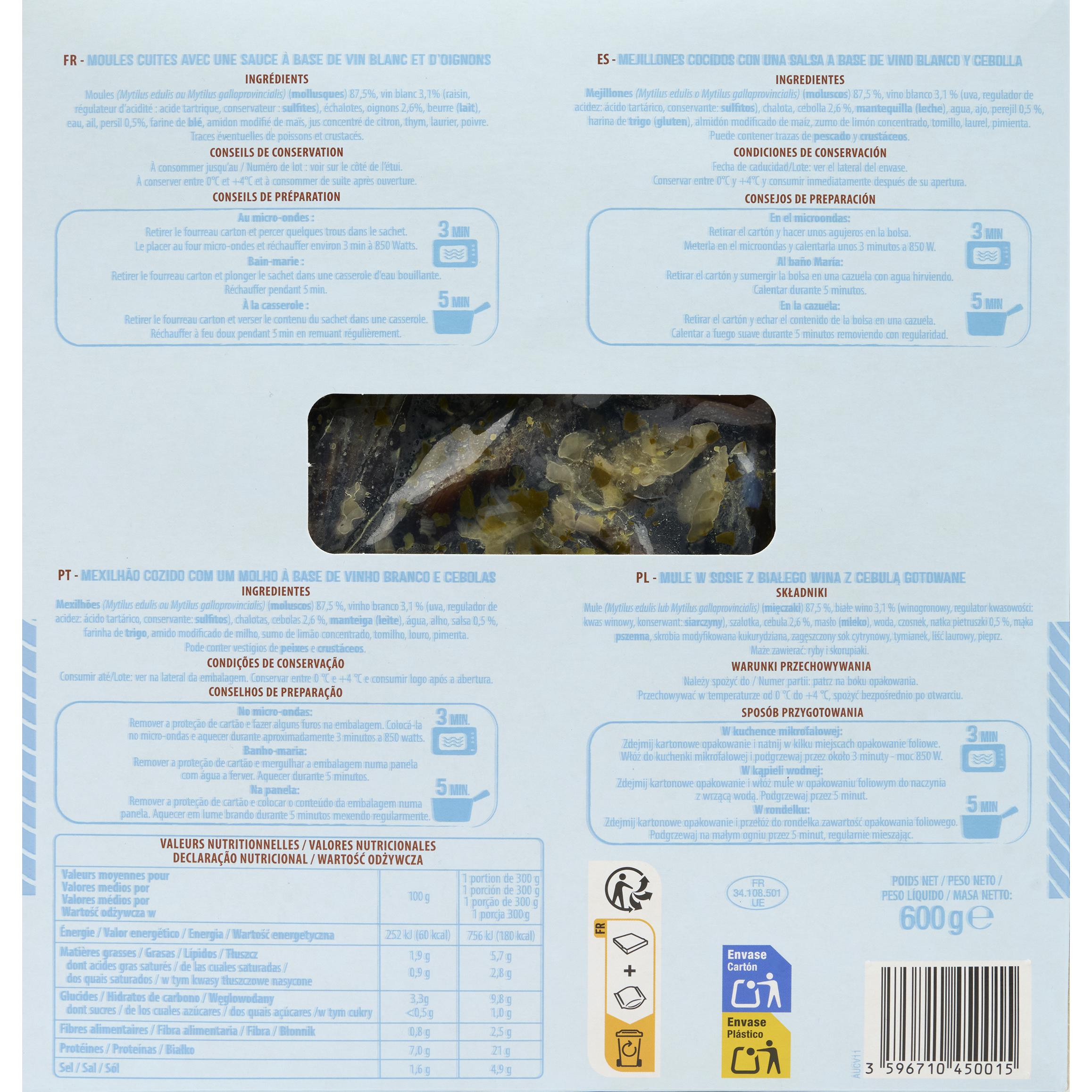 Voir la diapositive 4 : AUCHAN Moules cuisinées à la marinière 1/2 parts 600g