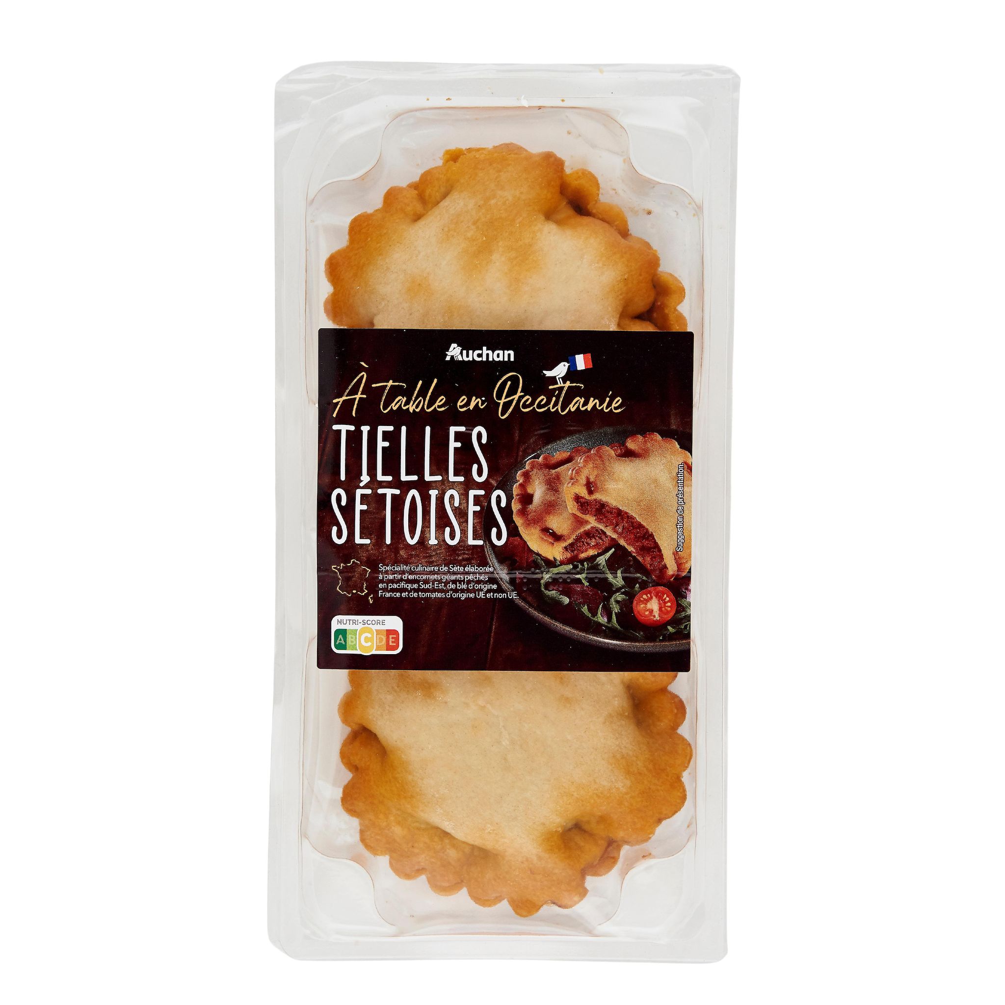 Voir la diapositive 2 : AUCHAN TERROIR Tielles Sétoises pâte garnie d'encornets sauce épicée 2 pièces 220g
