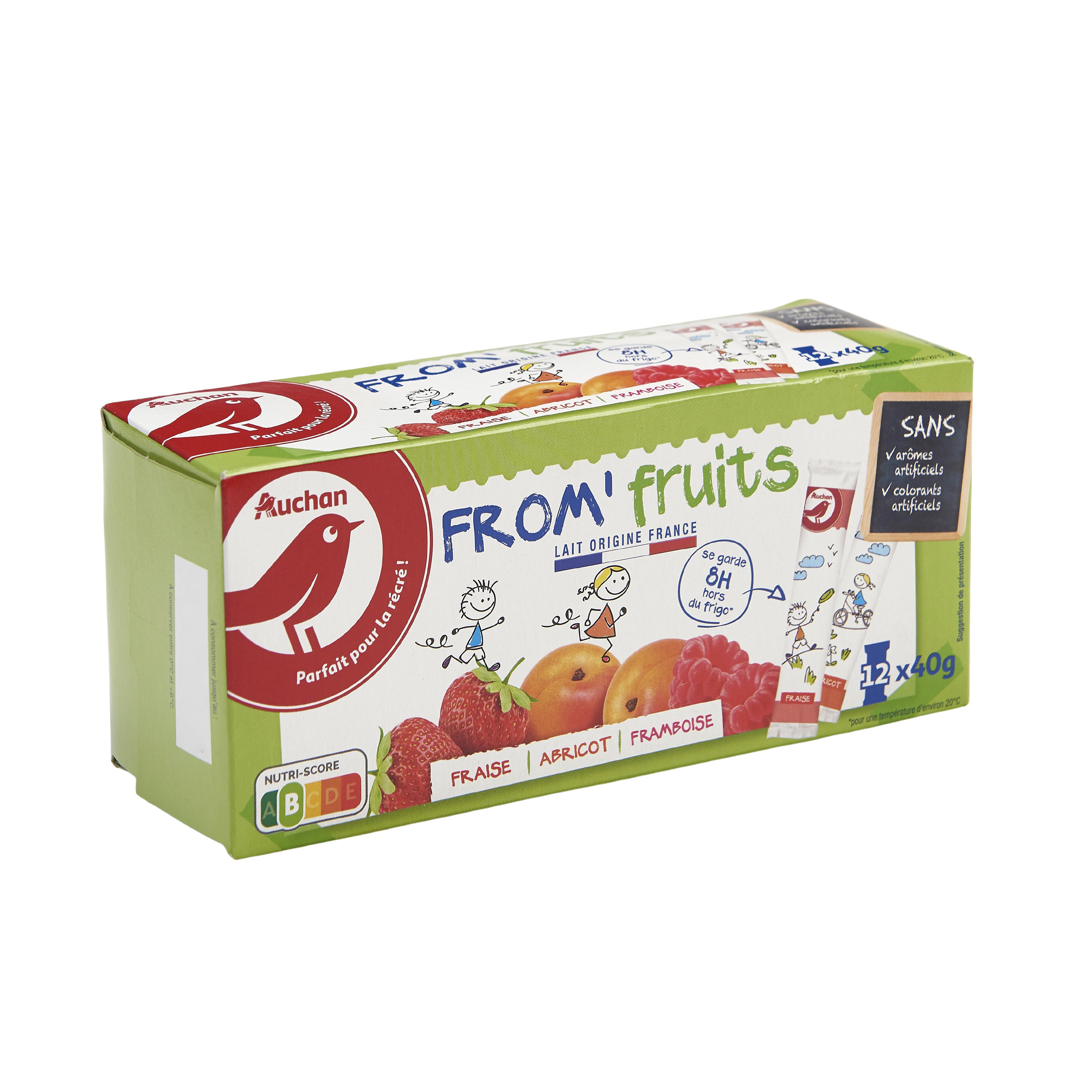 Voir la diapositive 2 : AUCHAN Fromage blanc aromatisé à la fraise - abricot - framboise en tube 12x40g