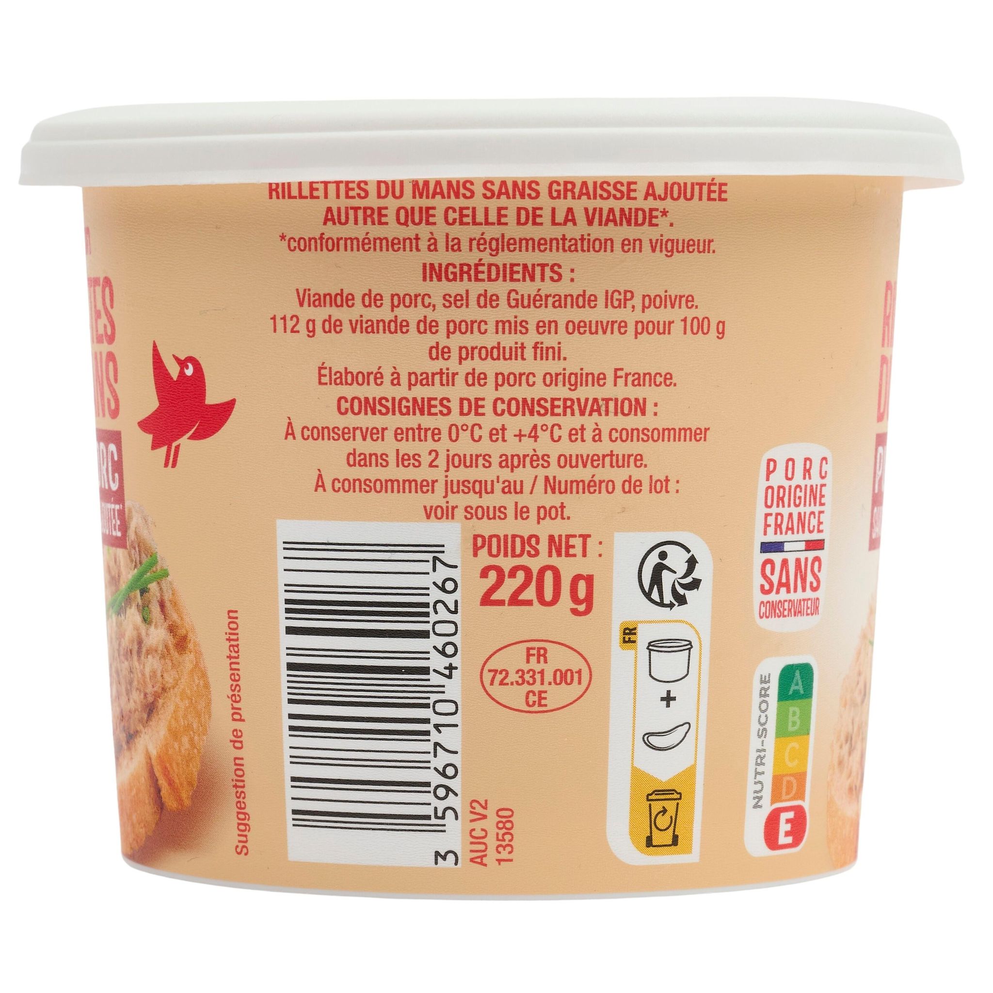Voir la diapositive 4 : AUCHAN Rillettes du Mans pur porc 220g