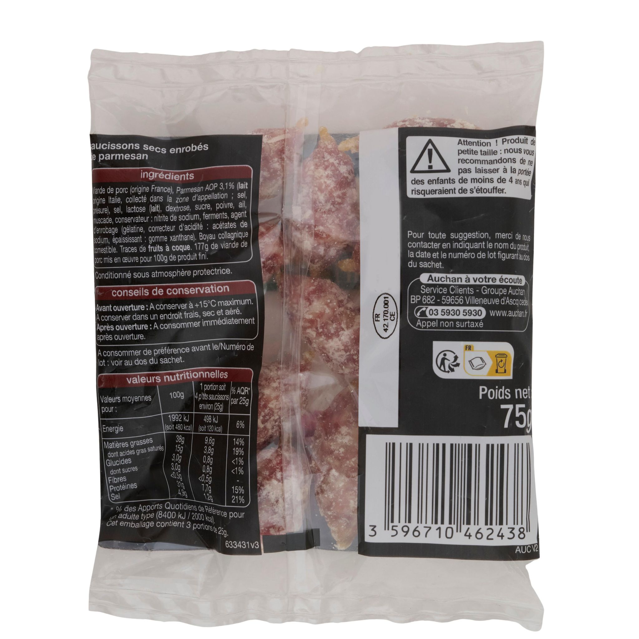 Voir la diapositive 3 : AUCHAN P'tits saucissons secs au parmesan 12 pièces 75g