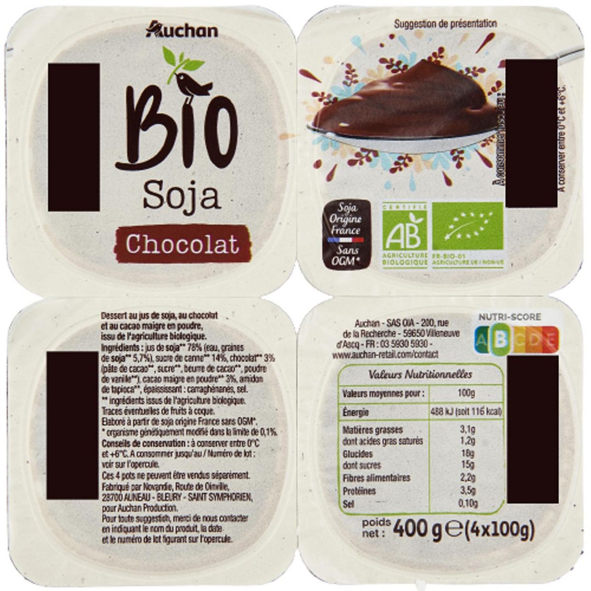 AUCHAN BIO Dessert végétal au soja au chocolat 4x100g
