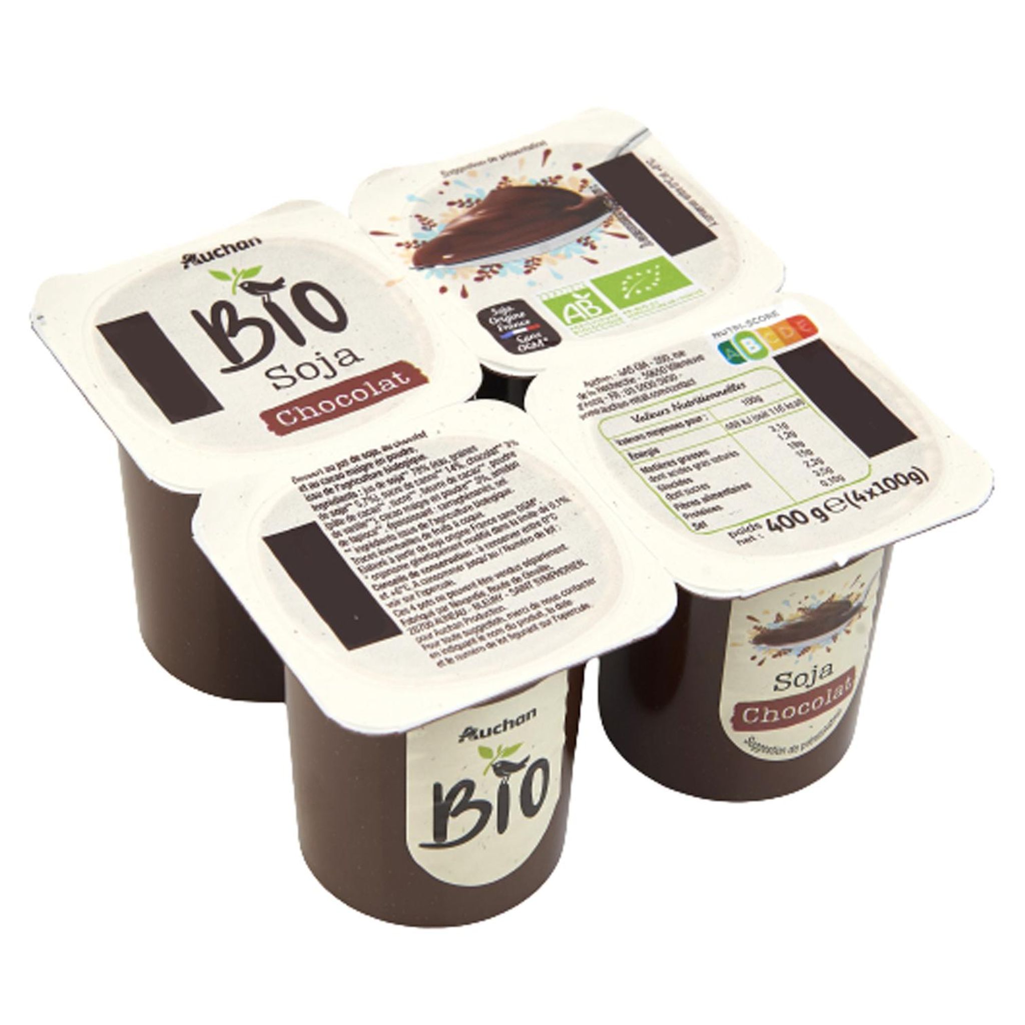 Voir la diapositive 2 : AUCHAN BIO Dessert végétal au soja au chocolat 4x100g