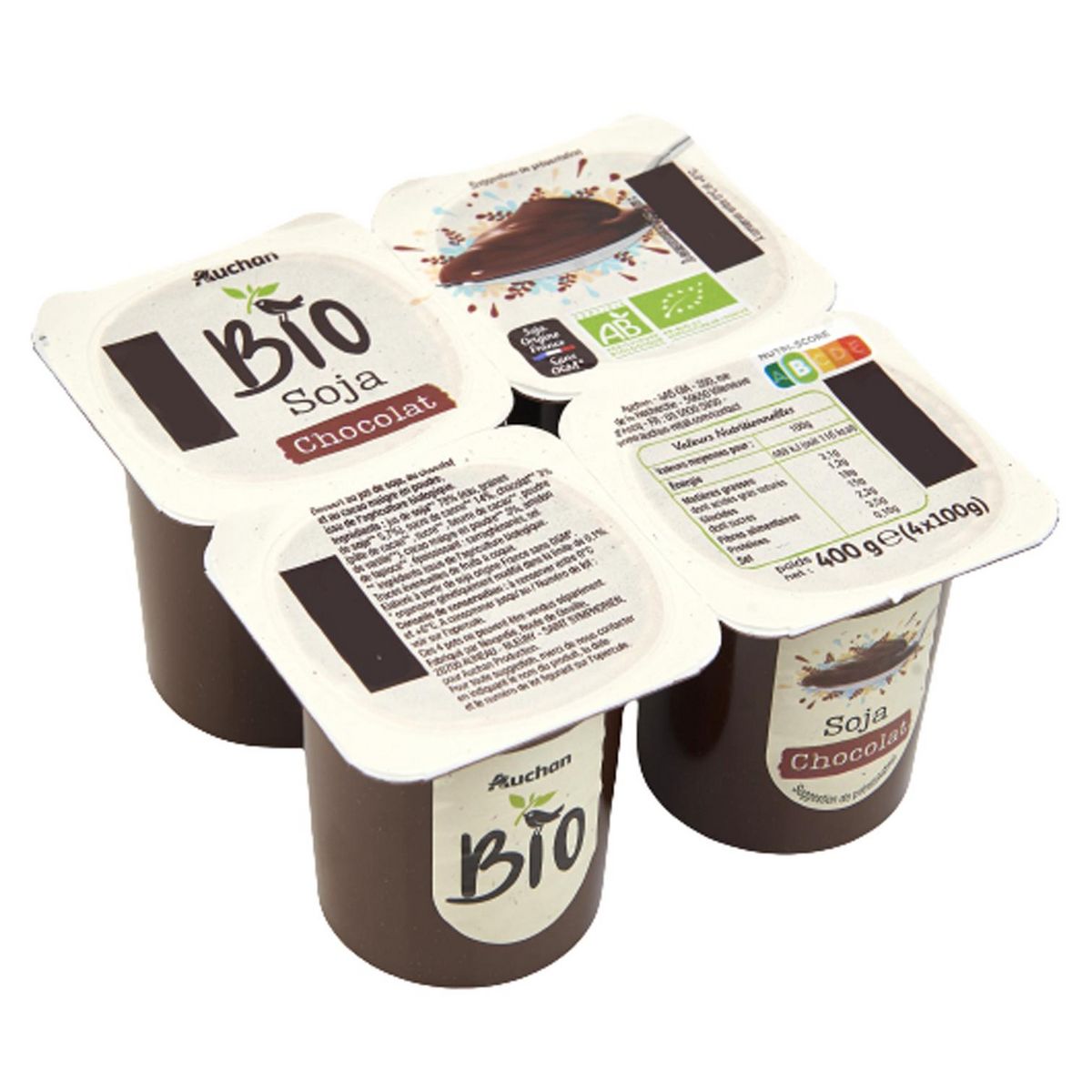 AUCHAN BIO Dessert végétal au soja au chocolat 4x100g