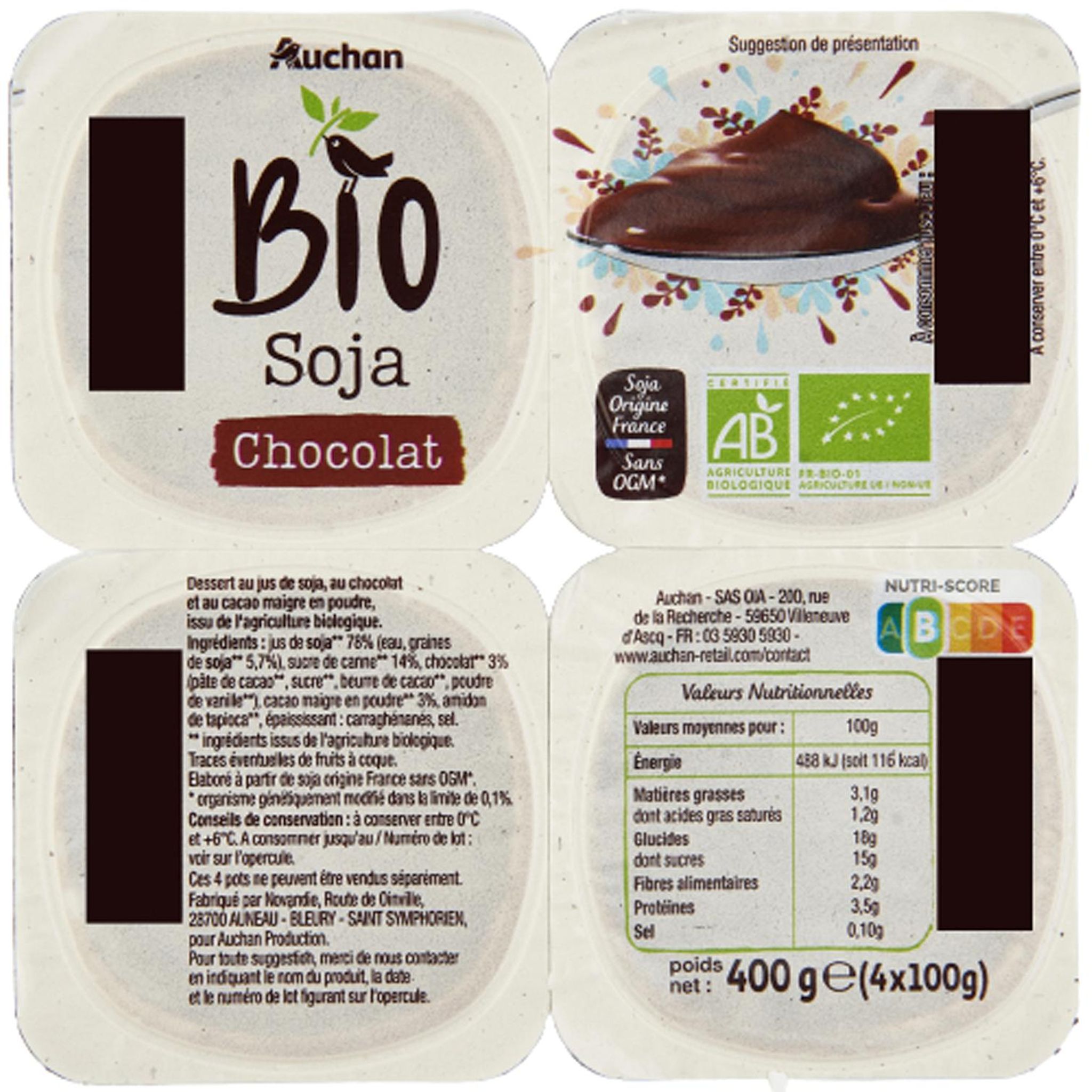 Voir la diapositive 3 : AUCHAN BIO Dessert végétal au soja au chocolat 4x100g