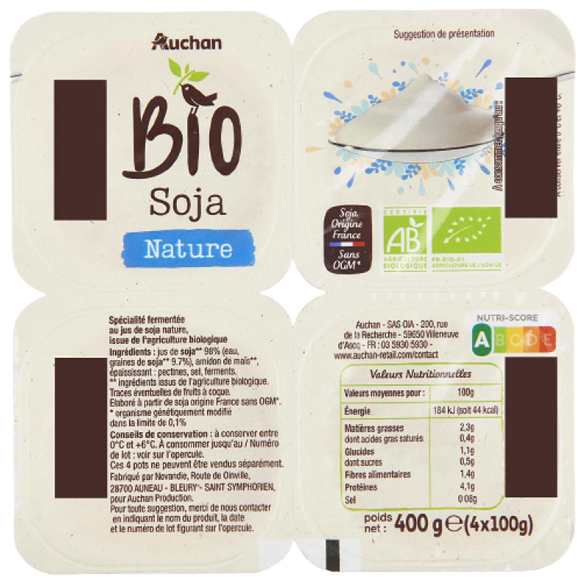Voir la diapositive 4 : AUCHAN BIO Dessert végétal au soja nature 4x100g