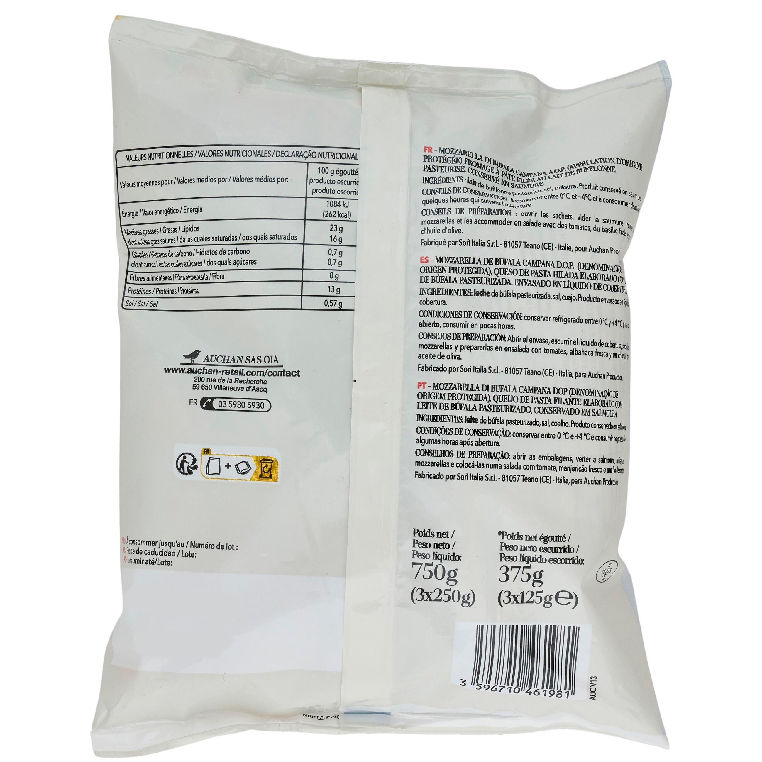 Voir la diapositive 2 : AUCHAN TAVOLA IN ITALIA Mozzarella di bufala AOP 3x125g