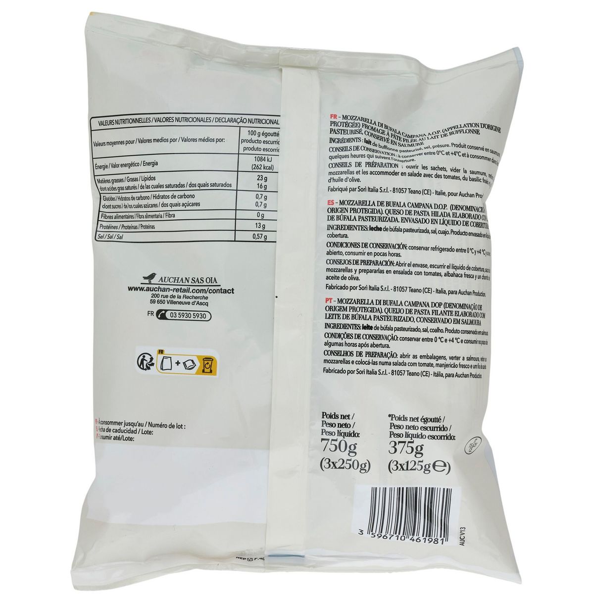 AUCHAN TAVOLA IN ITALIA Mozzarella di bufala AOP 3x125g