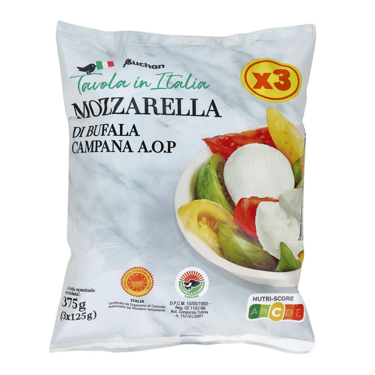 AUCHAN TAVOLA IN ITALIA Mozzarella di bufala AOP 3x125g