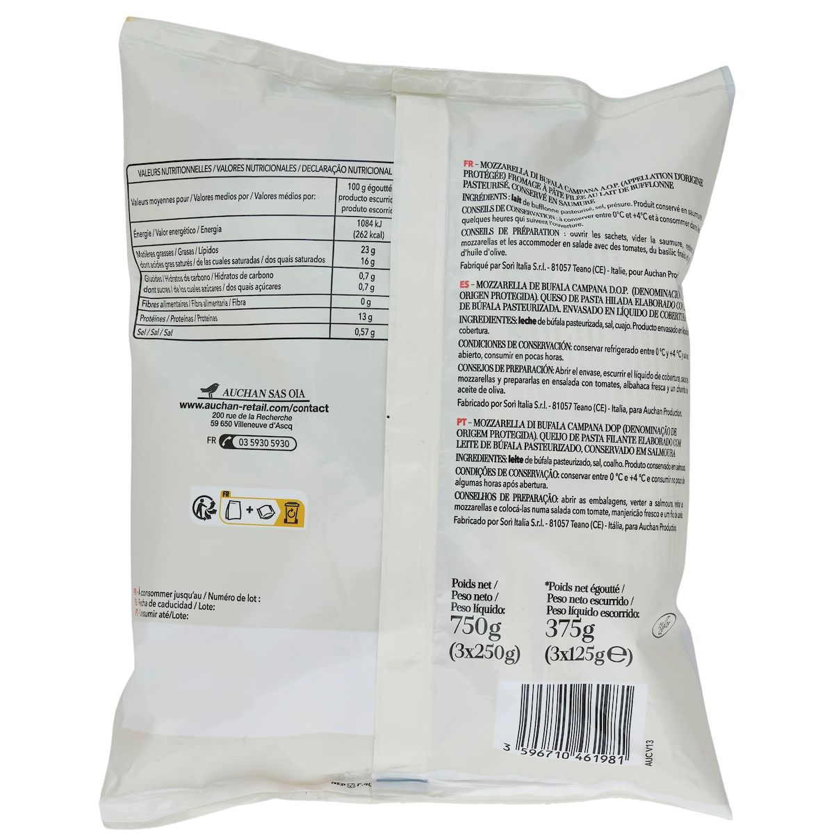 AUCHAN TAVOLA IN ITALIA Mozzarella di bufala AOP 3x125g