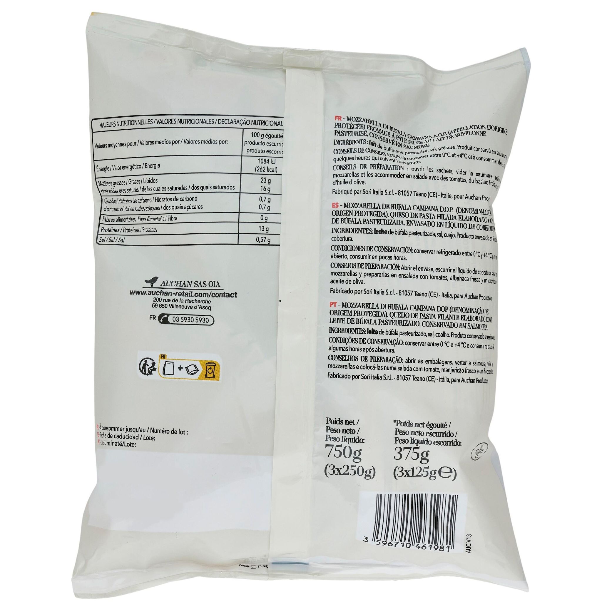 Voir la diapositive 4 : AUCHAN TAVOLA IN ITALIA Mozzarella di bufala AOP 3x125g