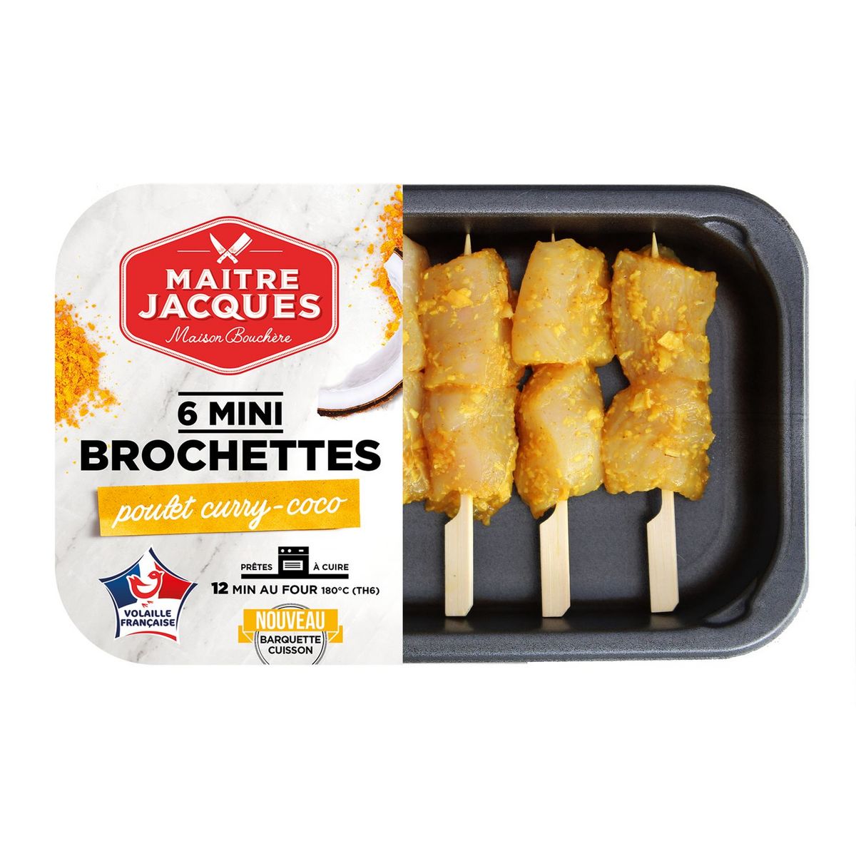 MAITRE JACQUES Mini brochette poulet curry-coco 6 pièces 180g