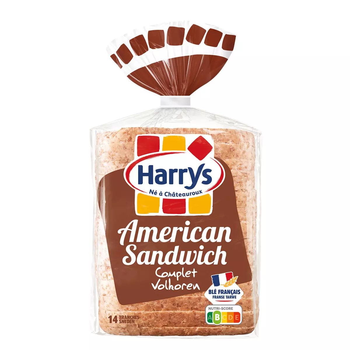 HARRYS American Sandwich Pain de mie complet grandes tranches avec croûte 14 tranches 600g