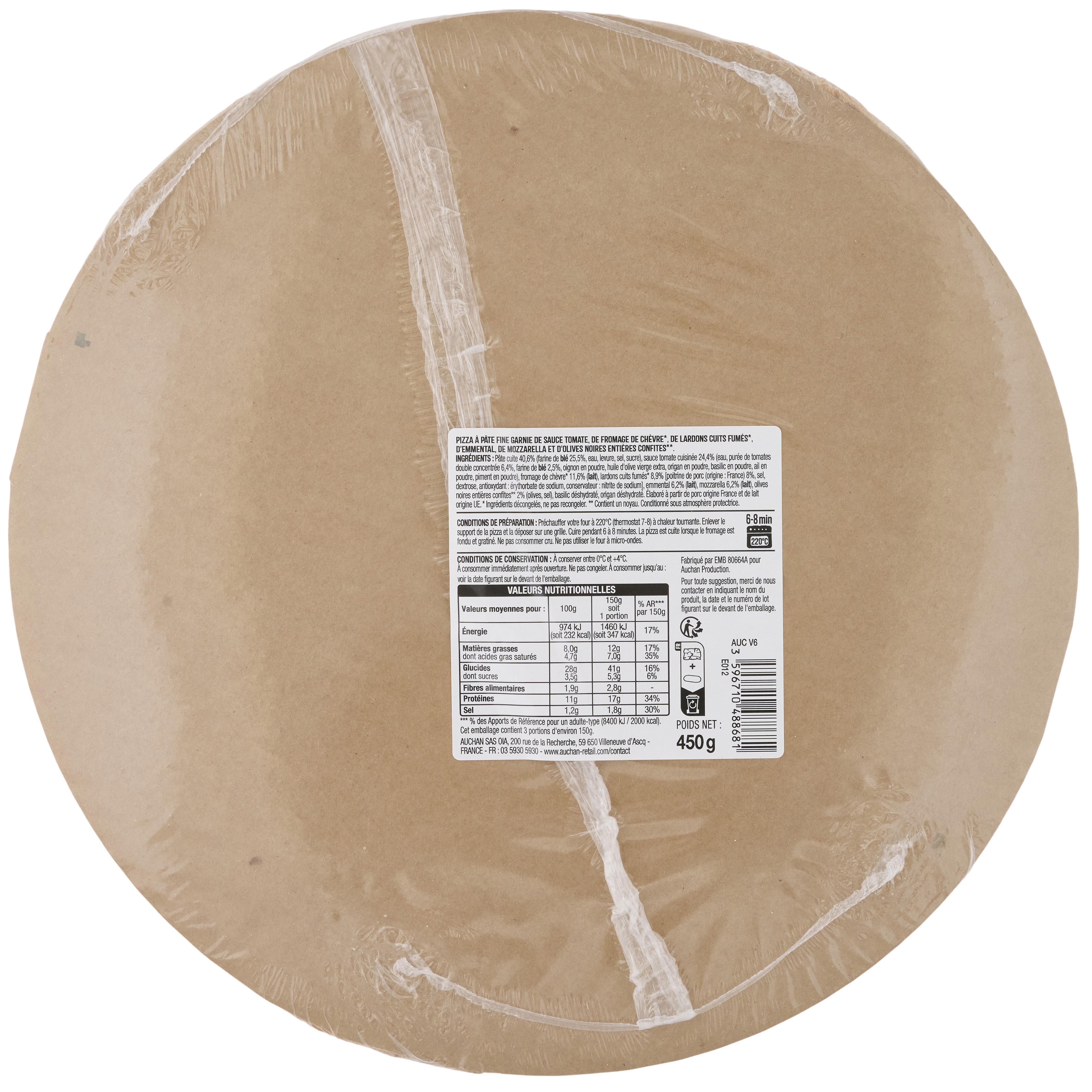 Voir la diapositive 2 : AUCHAN Pizza chèvre et lardons fumés 450g