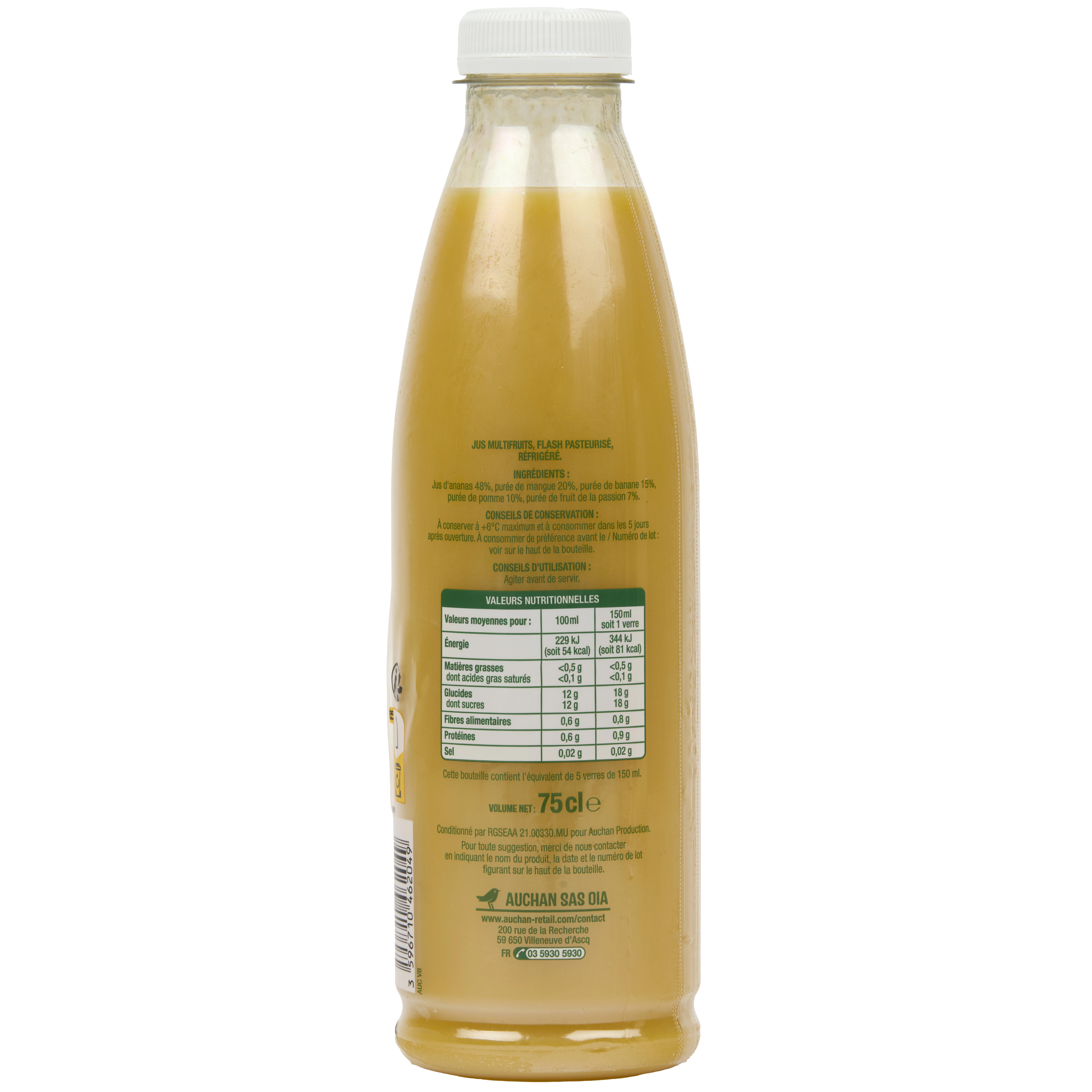 Voir la diapositive 3 : AUCHAN Smoothie ananas mangue 75cl