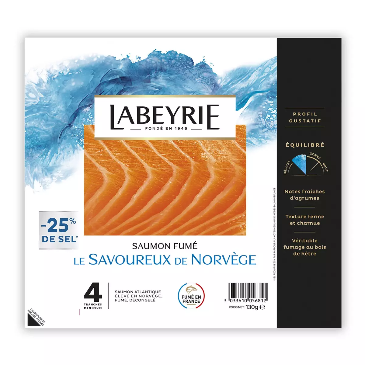 LABEYRIE Saumon fumé de Norvège -25% de sel 4 tranches 130g