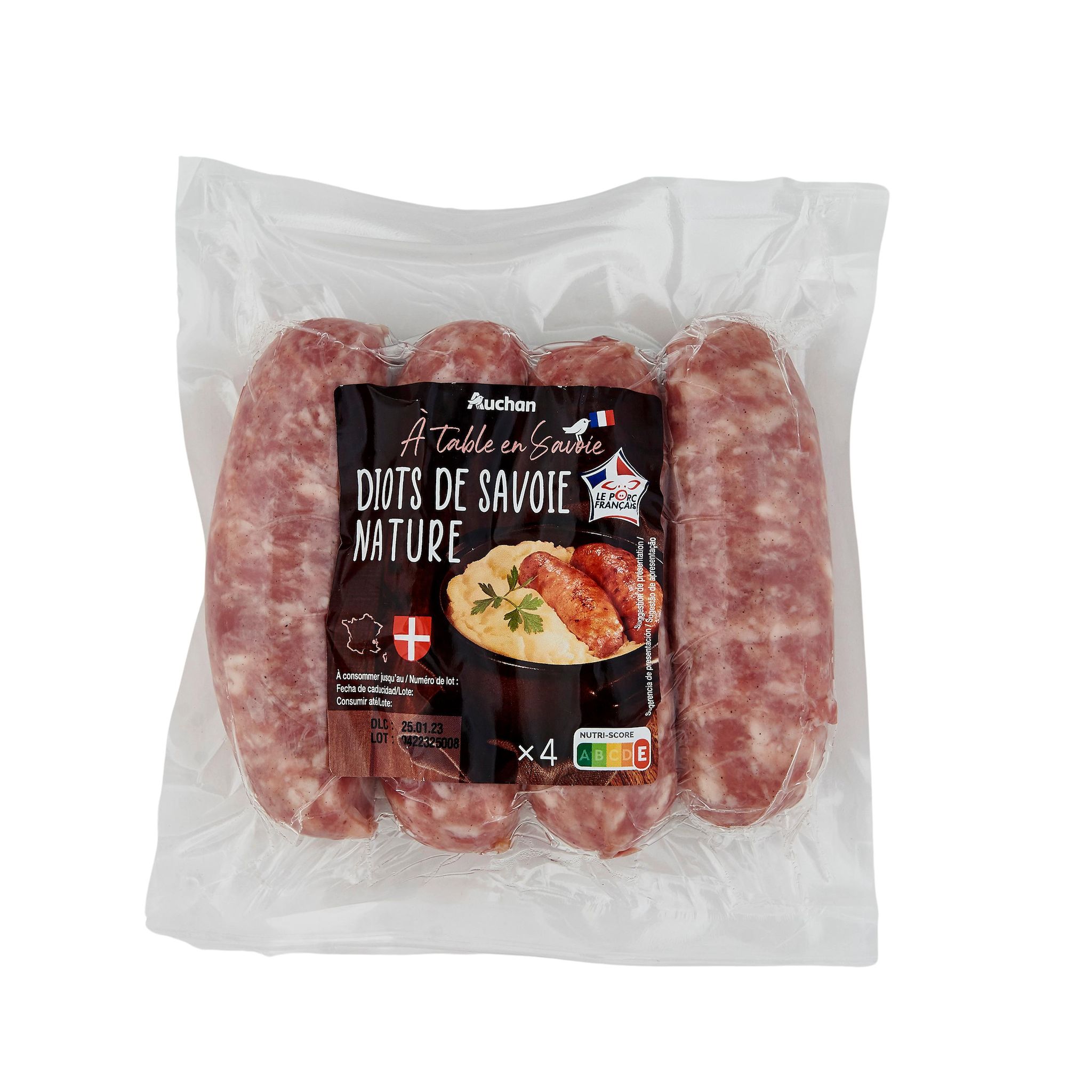 Voir la diapositive 3 : AUCHAN TERROIR Diots saucisses de savoie nature 4 pièces 360g