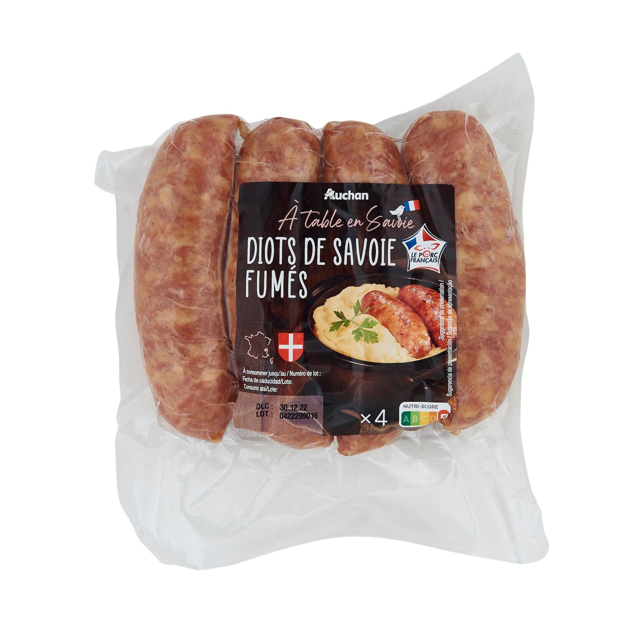 Voir la diapositive 2 : AUCHAN TERROIR Diots de Savoie fumés 4 pièces 360g