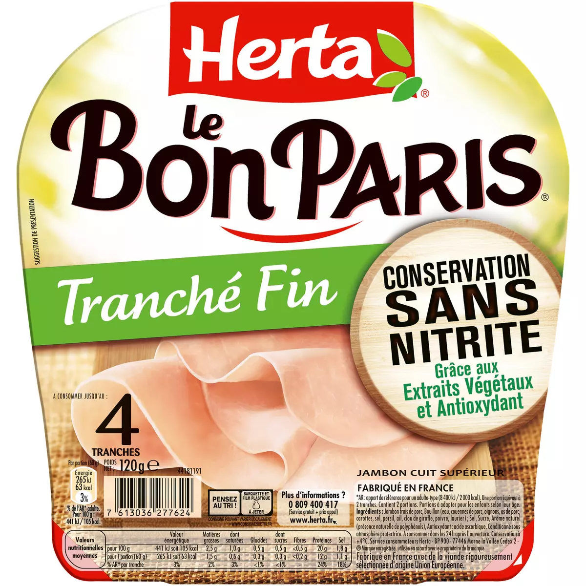 HERTA Jambon Le Bon Paris tranché fin sans nitrite 4 tranches 120g