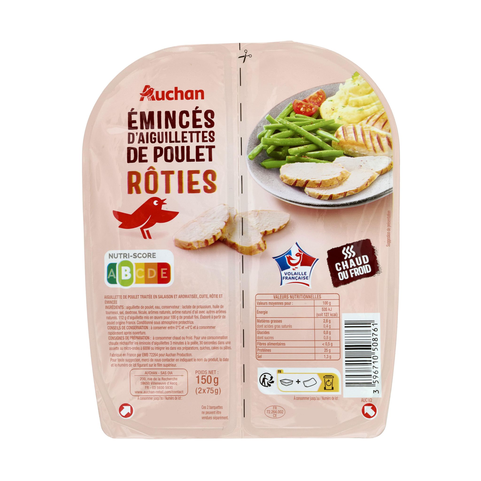 Voir la diapositive 2 : AUCHAN Aiguillettes de poulet 2x75g