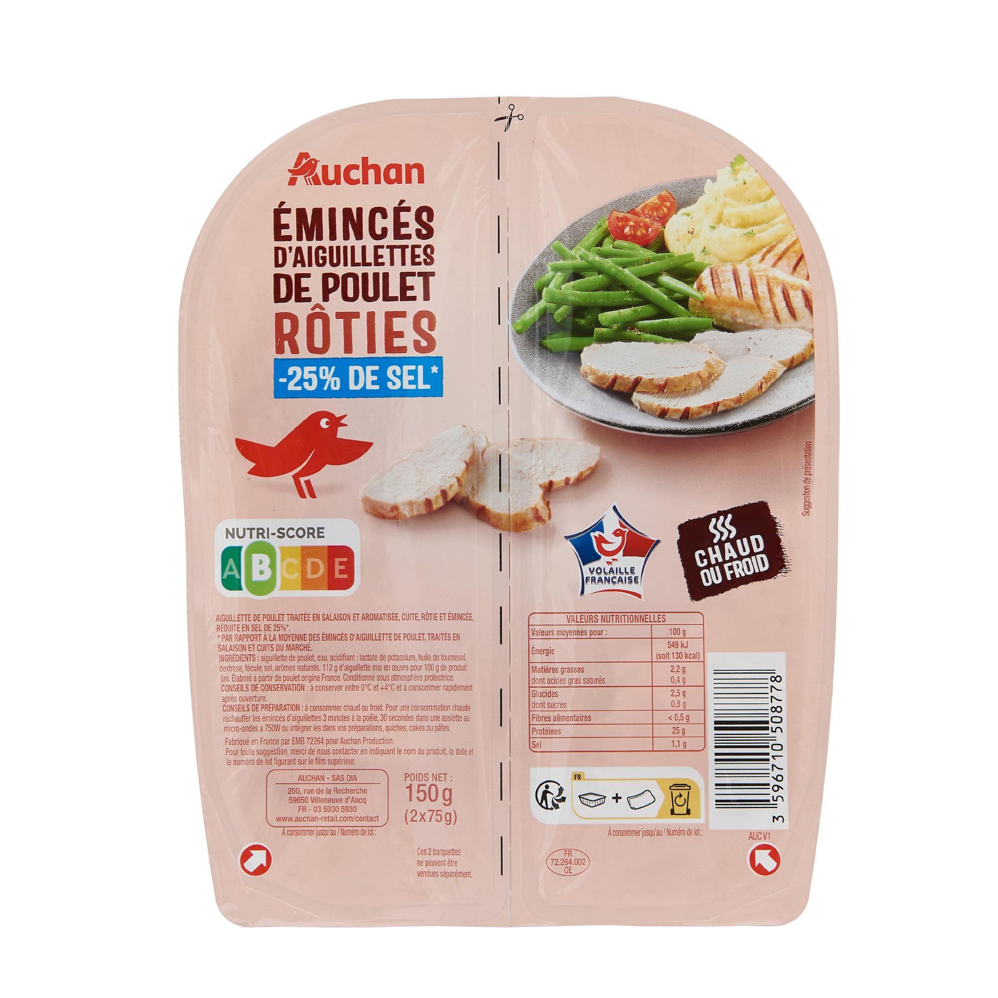 Voir la diapositive 2 : AUCHAN Émincés d'aiguillettes de poulet rôties réduit de sel 2x75g
