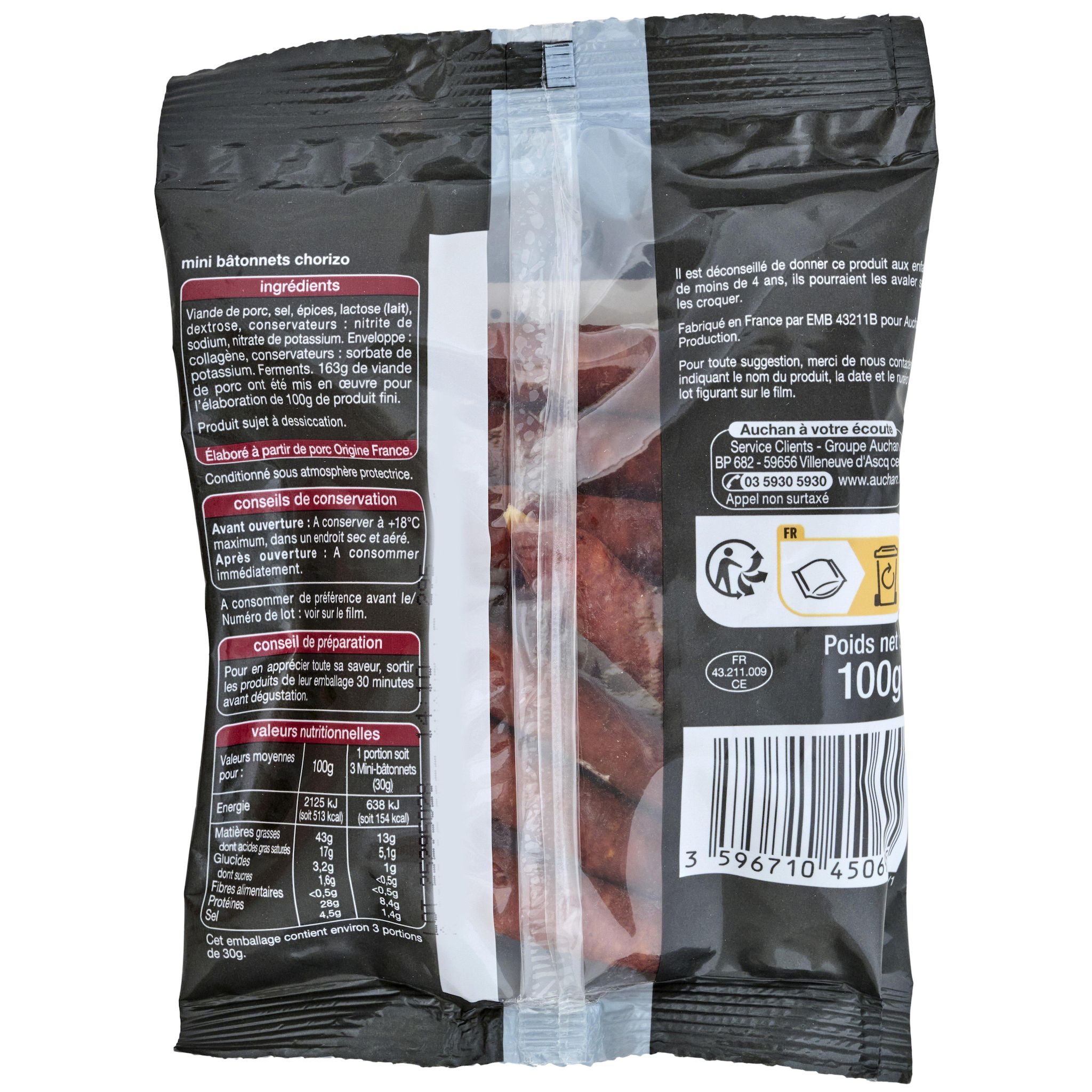 Voir la diapositive 2 : AUCHAN Mini bâtonnets de chorizo 10 pièces 100g