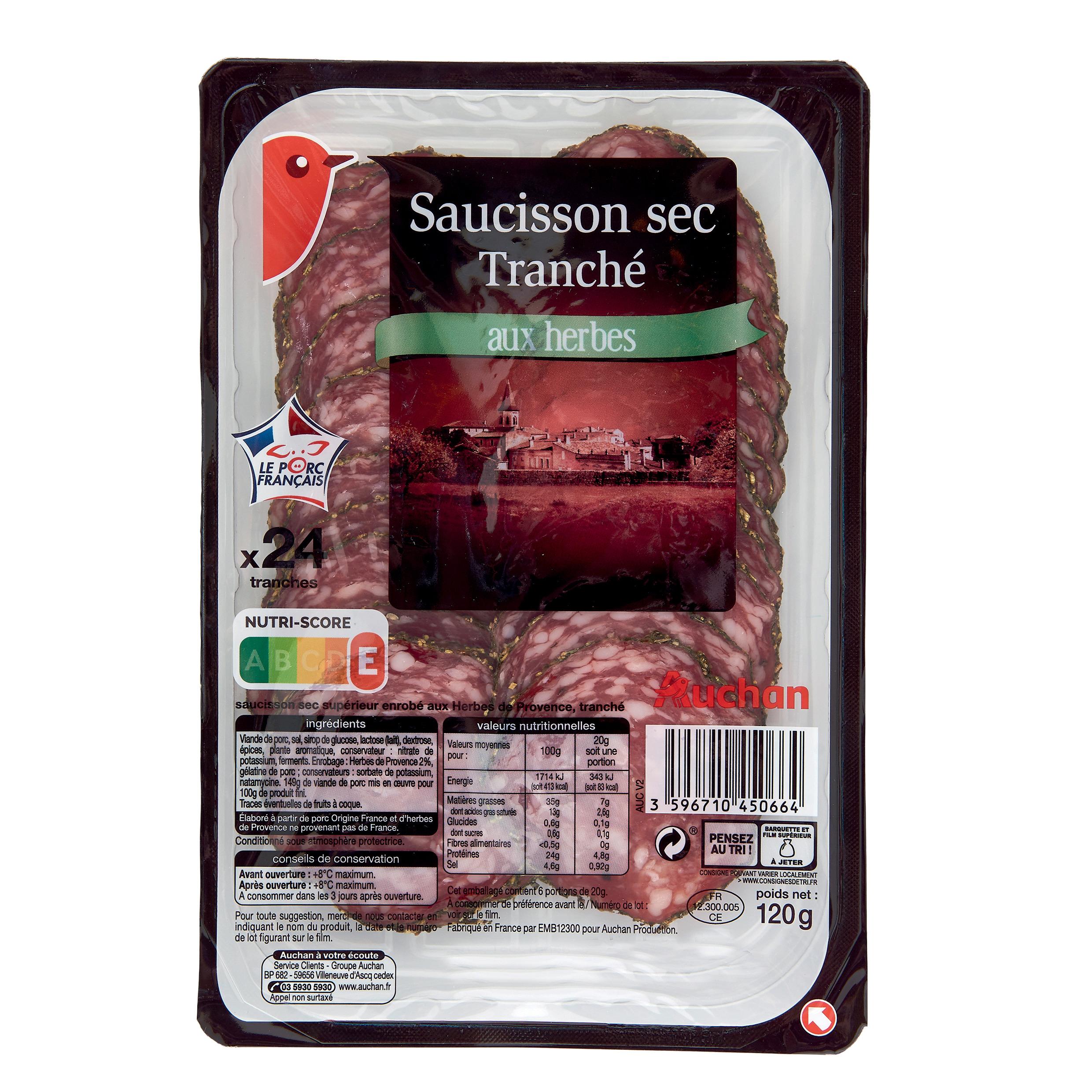 Voir la diapositive 2 : AUCHAN Saucisson sec tranché aux herbes 24 tranches 120g