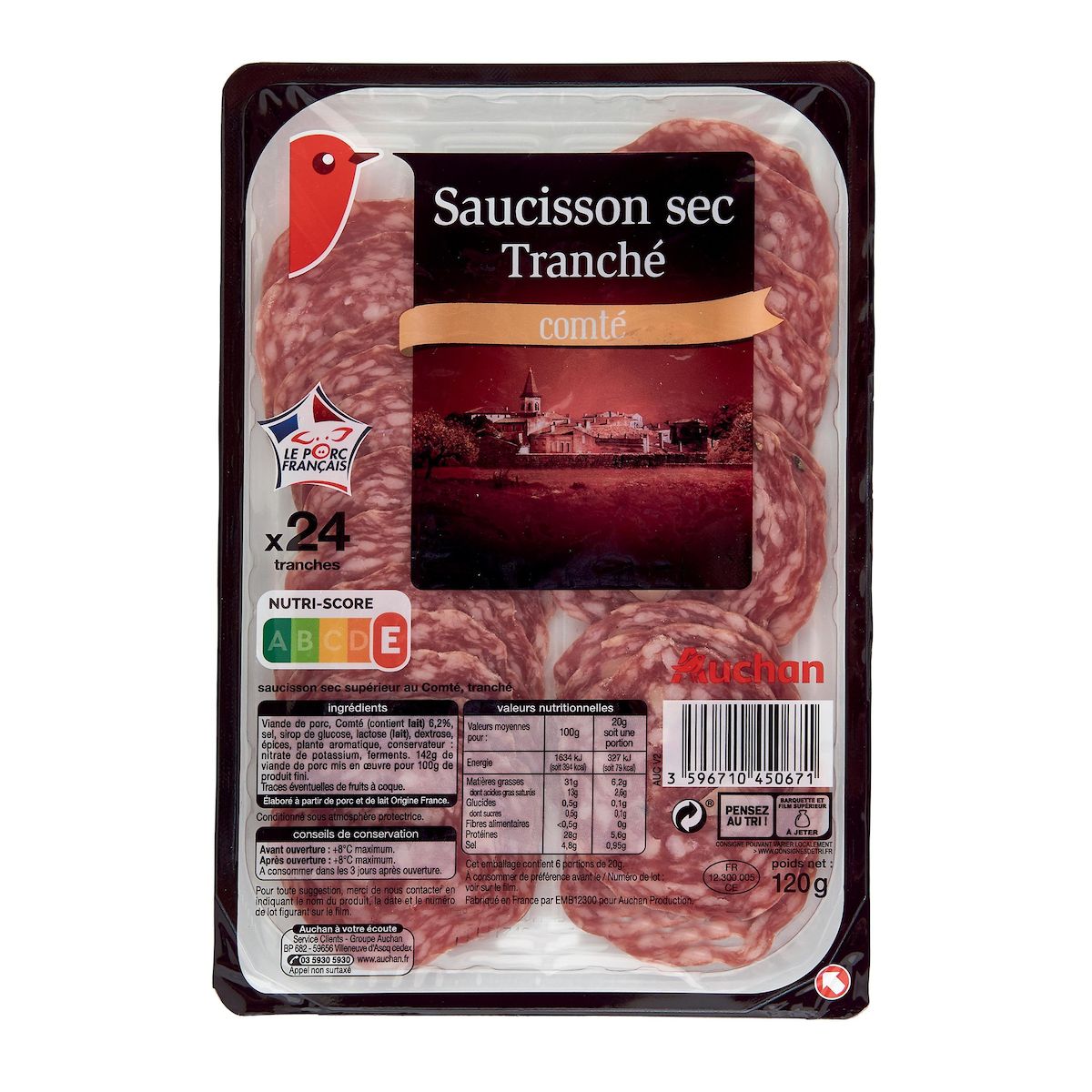 AUCHAN Saucisson sec tranché au comté 24 tranches 120g