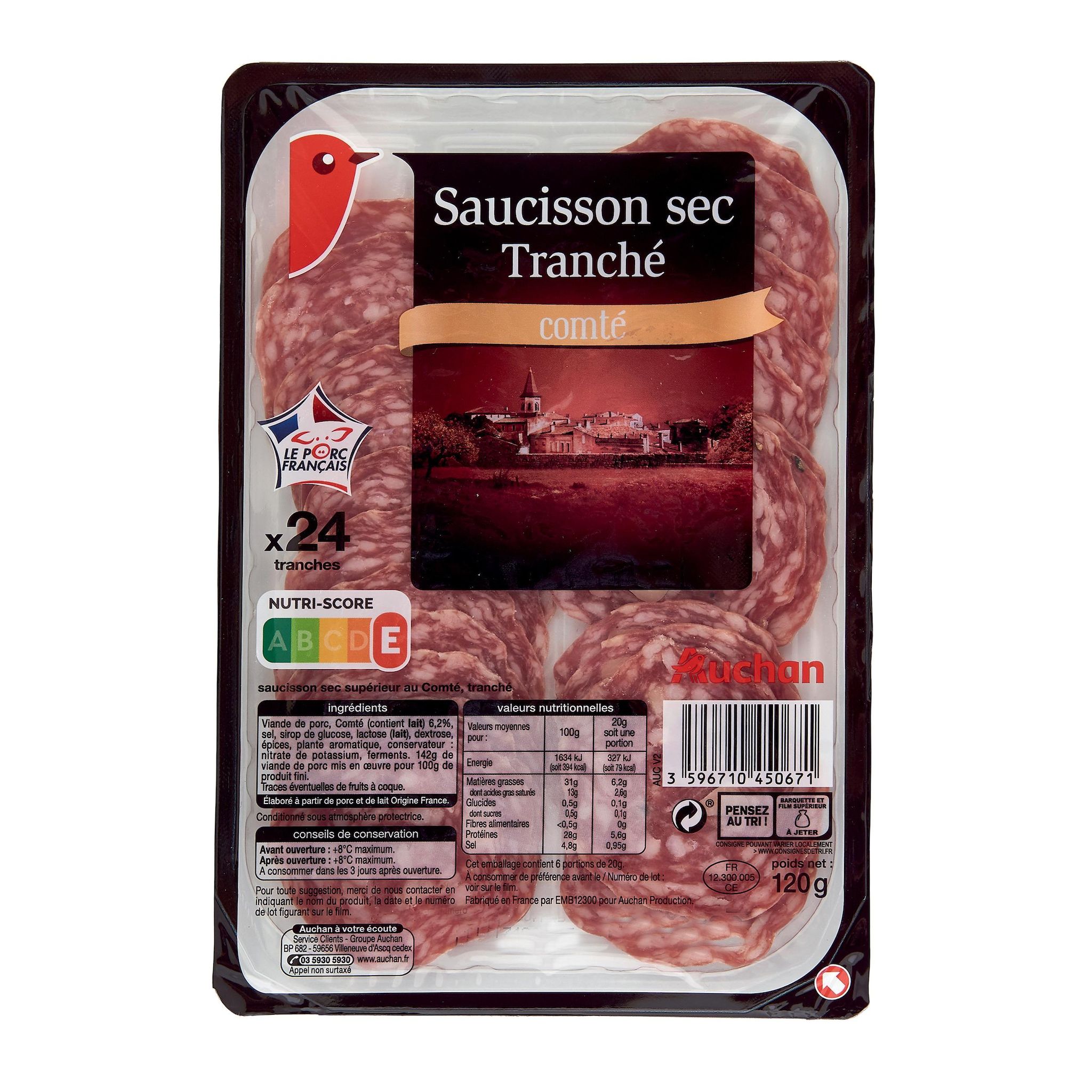 Voir la diapositive 2 : AUCHAN Saucisson sec tranché au comté 24 tranches 120g