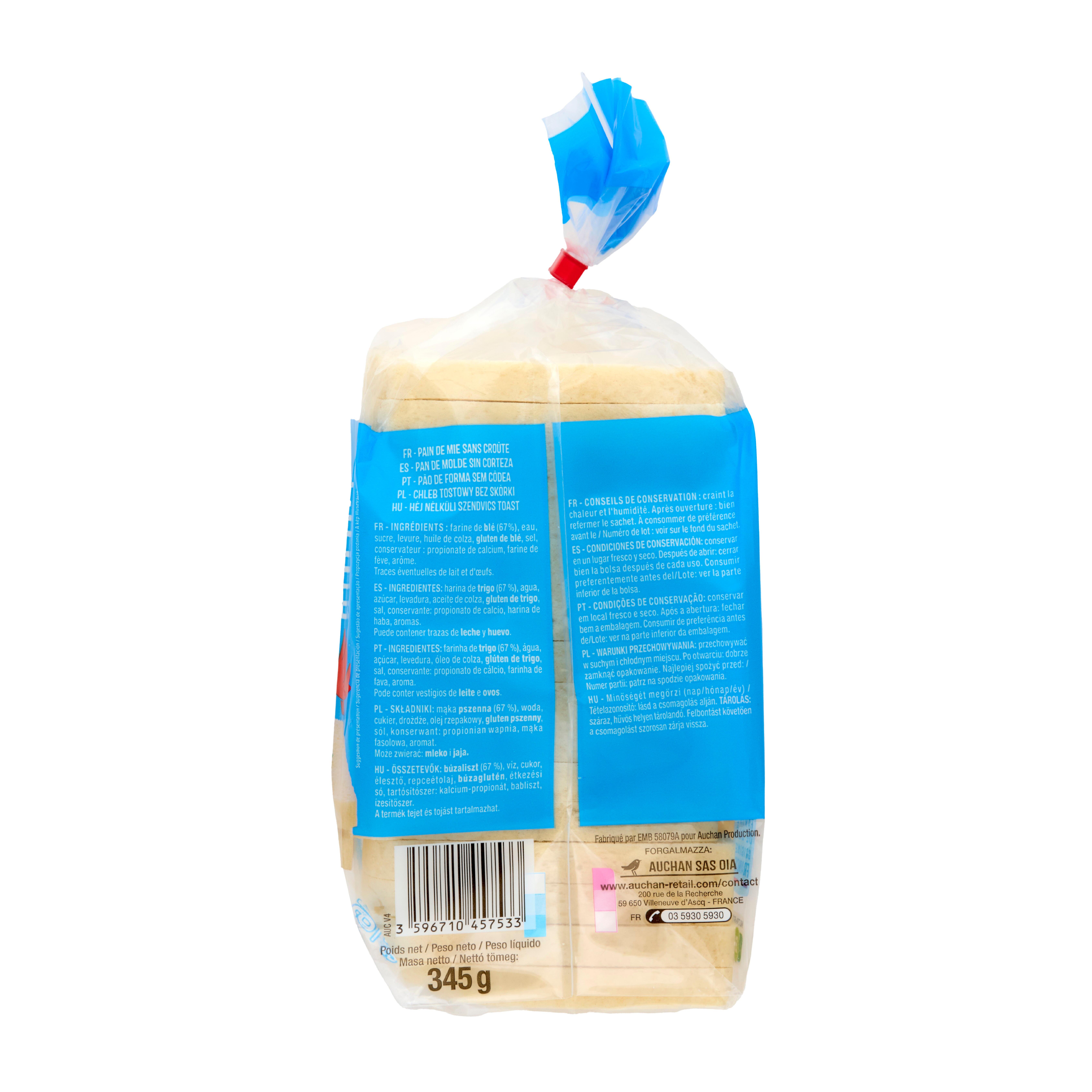 Voir la diapositive 2 : AUCHAN Pain carré de mie nature sans croûte 16 tranches 345g