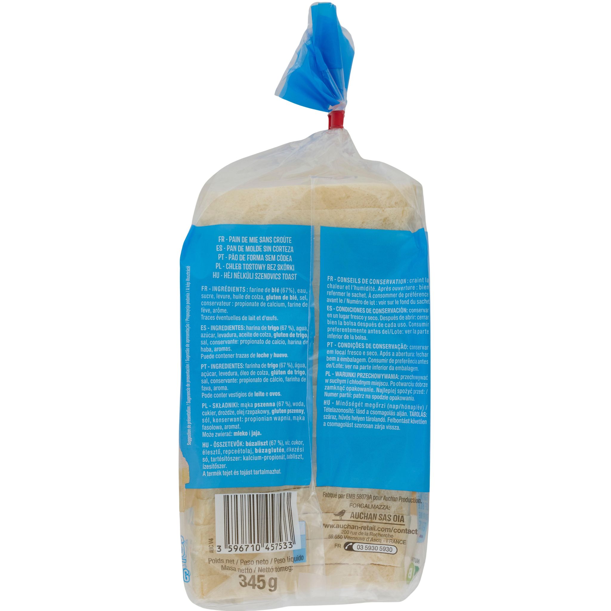 Voir la diapositive 2 : AUCHAN Pain carré de mie nature sans croûte 16 tranches 345g