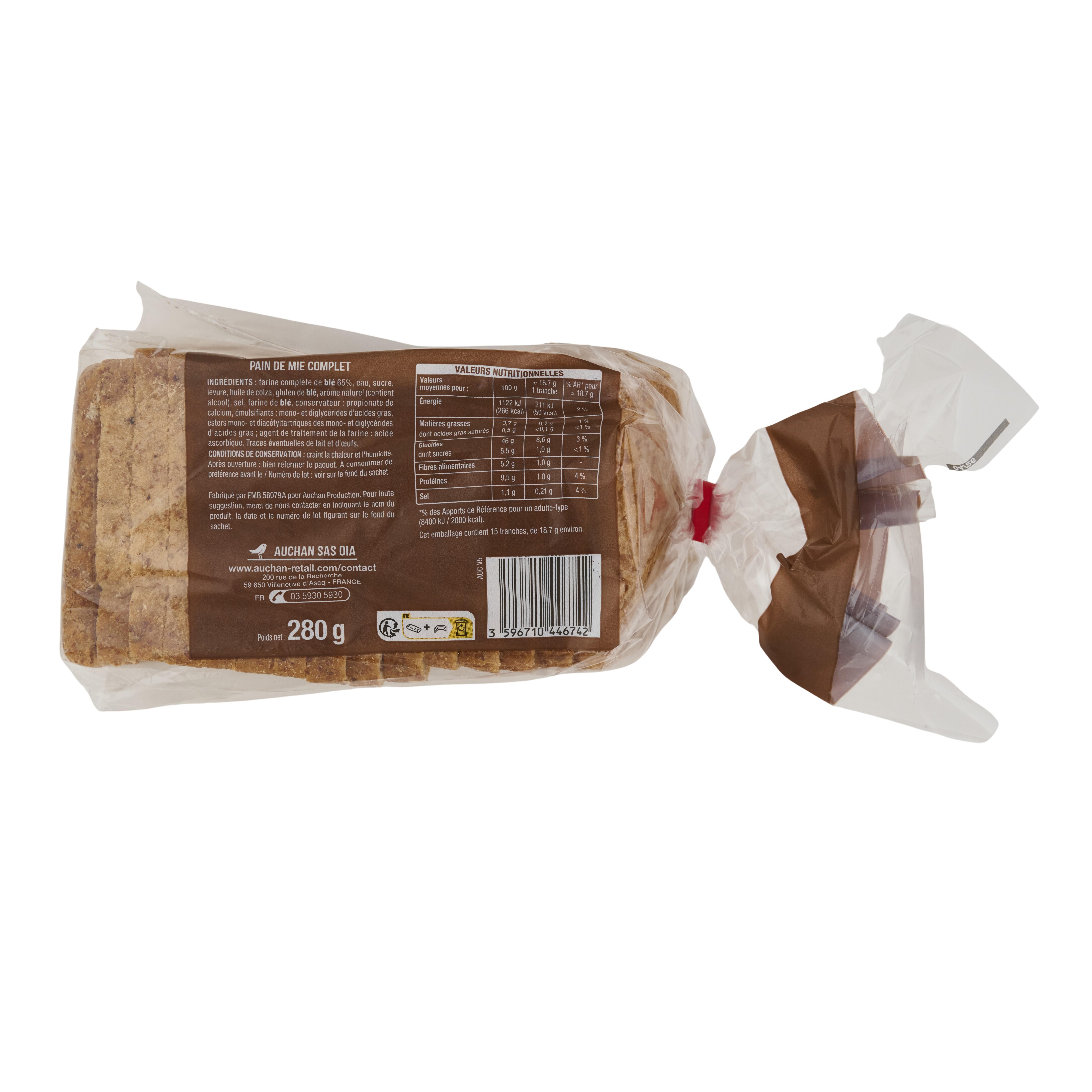 Voir la diapositive 2 : AUCHAN Pain de mie complet avec croûte extra moelleux 15 tranches 280g