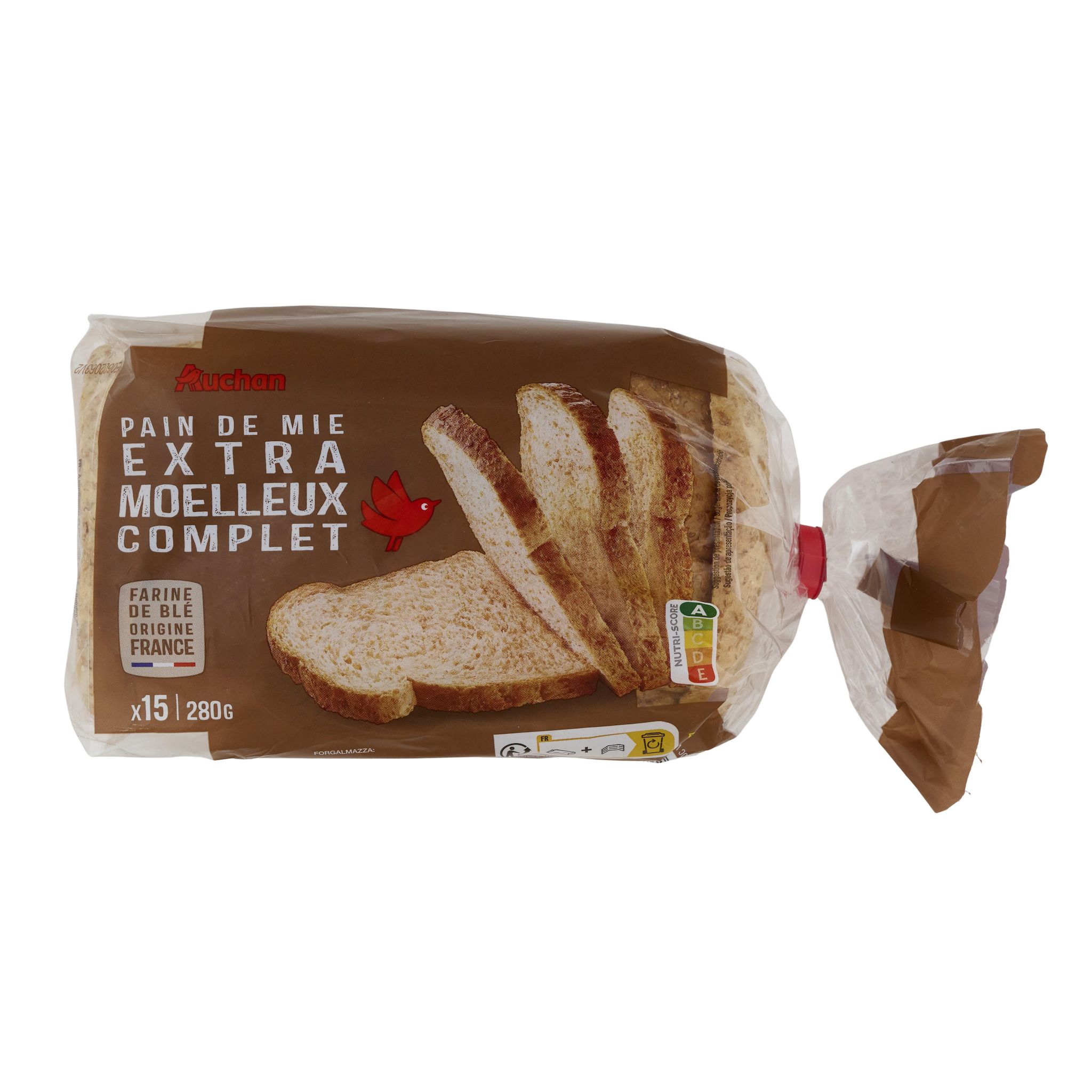 Voir la diapositive 2 : AUCHAN Pain de mie complet avec croûte extra moelleux 15 tranches 280g