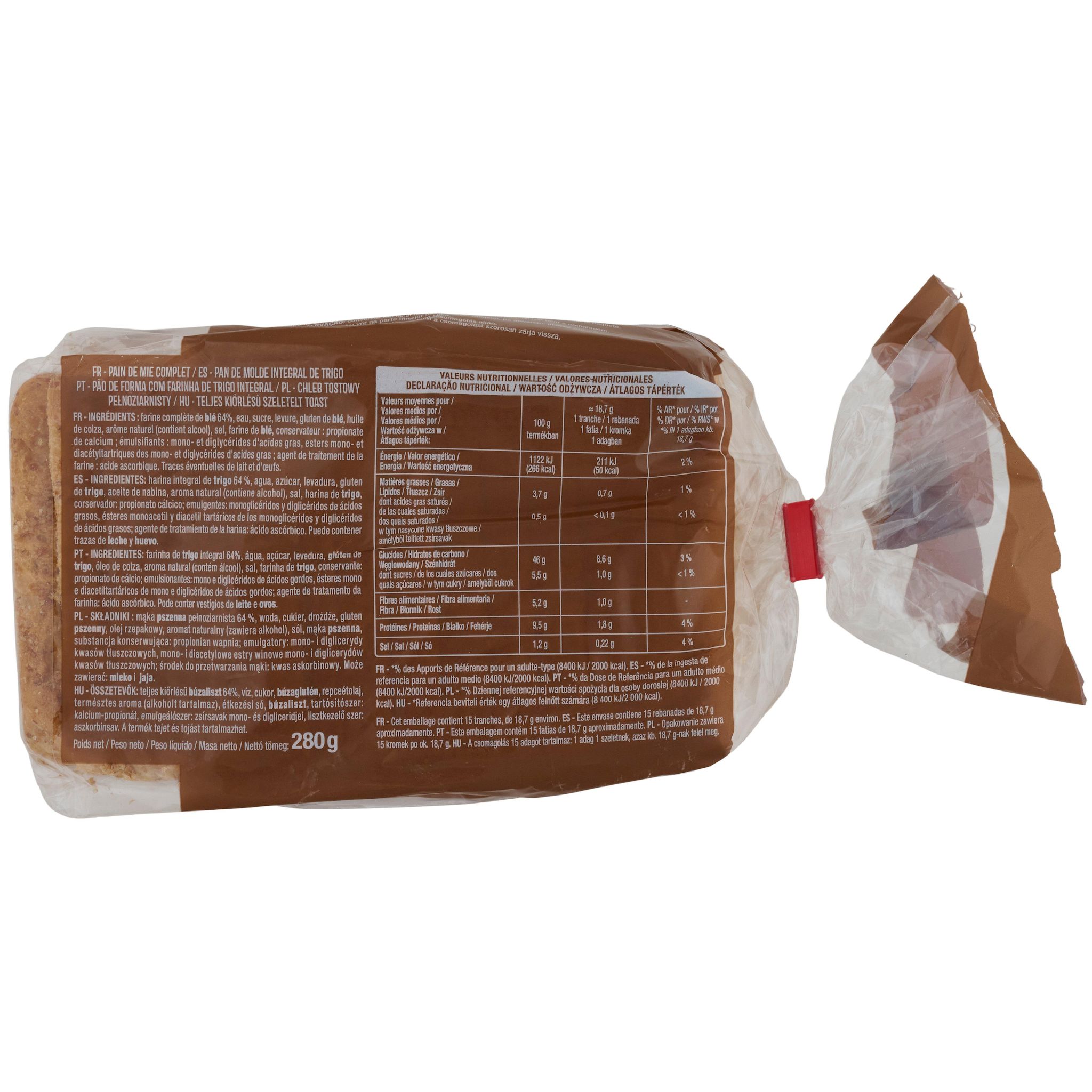 Voir la diapositive 3 : AUCHAN Pain de mie complet avec croûte extra moelleux 15 tranches 280g