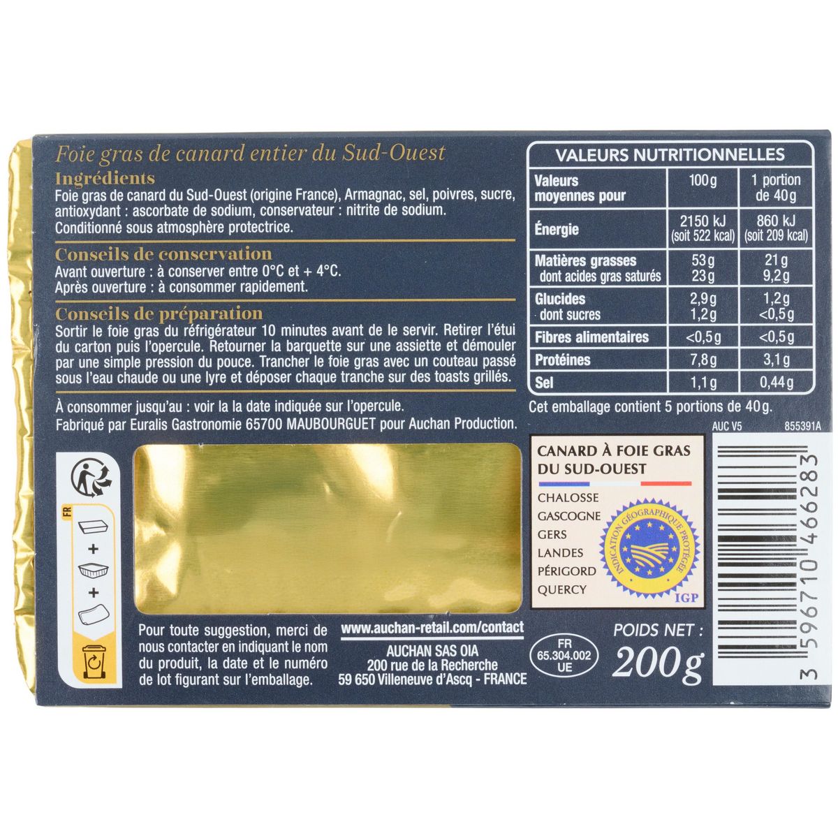 AUCHAN COLLECTION Foie gras de canard entier du Sud-Ouest 5 parts 200g