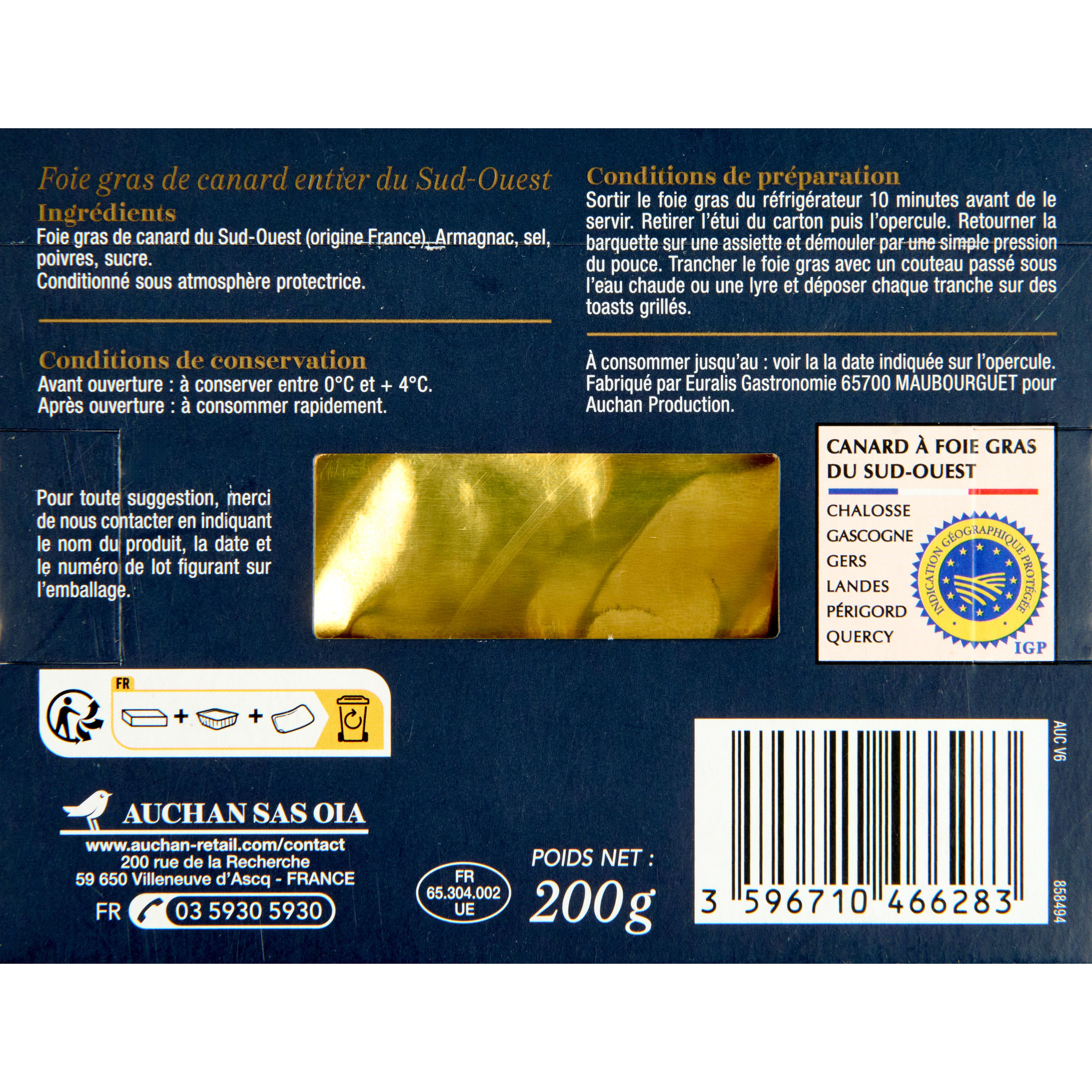 Voir la diapositive 5 : AUCHAN COLLECTION Foie gras de canard entier du Sud-Ouest 5 parts 200g
