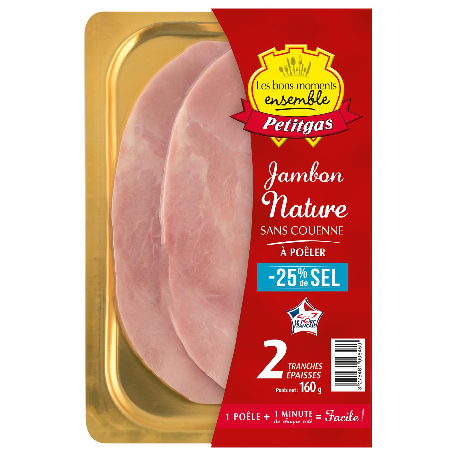 PETITGAS Jambon nature à poêler -25% de sel sans couenne 2 tranches 160g