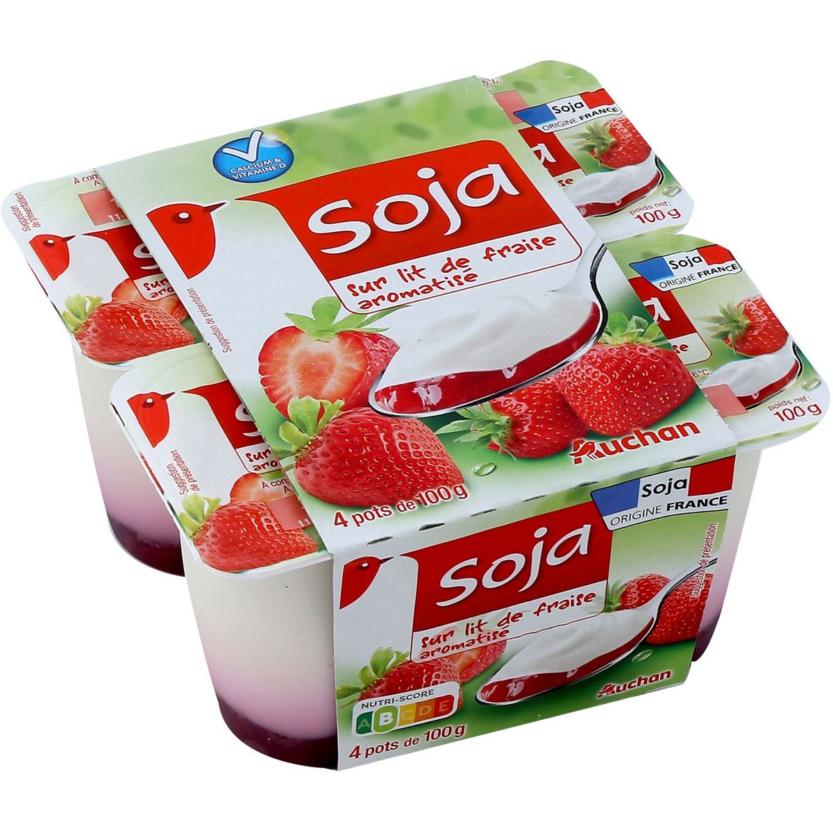 AUCHAN Dessert végétal au soja et lit de fraise aromatisé 4x100g