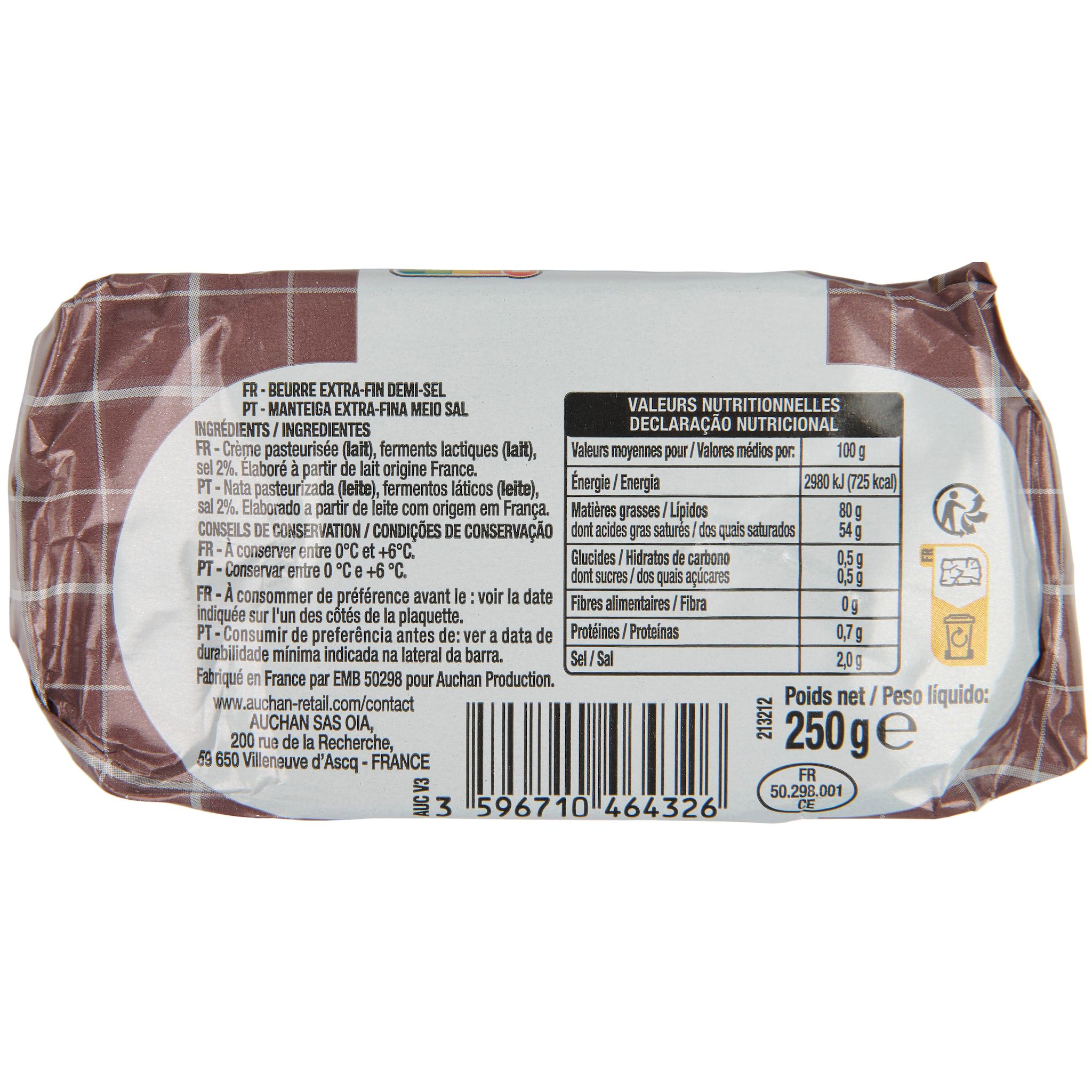 Voir la diapositive 2 : AUCHAN Beurre de baratte demi-sel 80%MG 250g