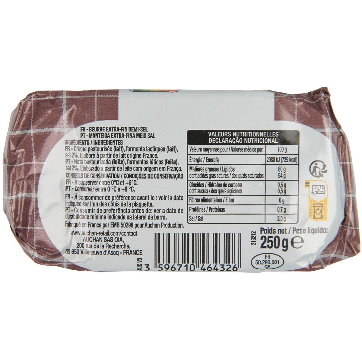 AUCHAN Beurre demi-sel de baratte 250g