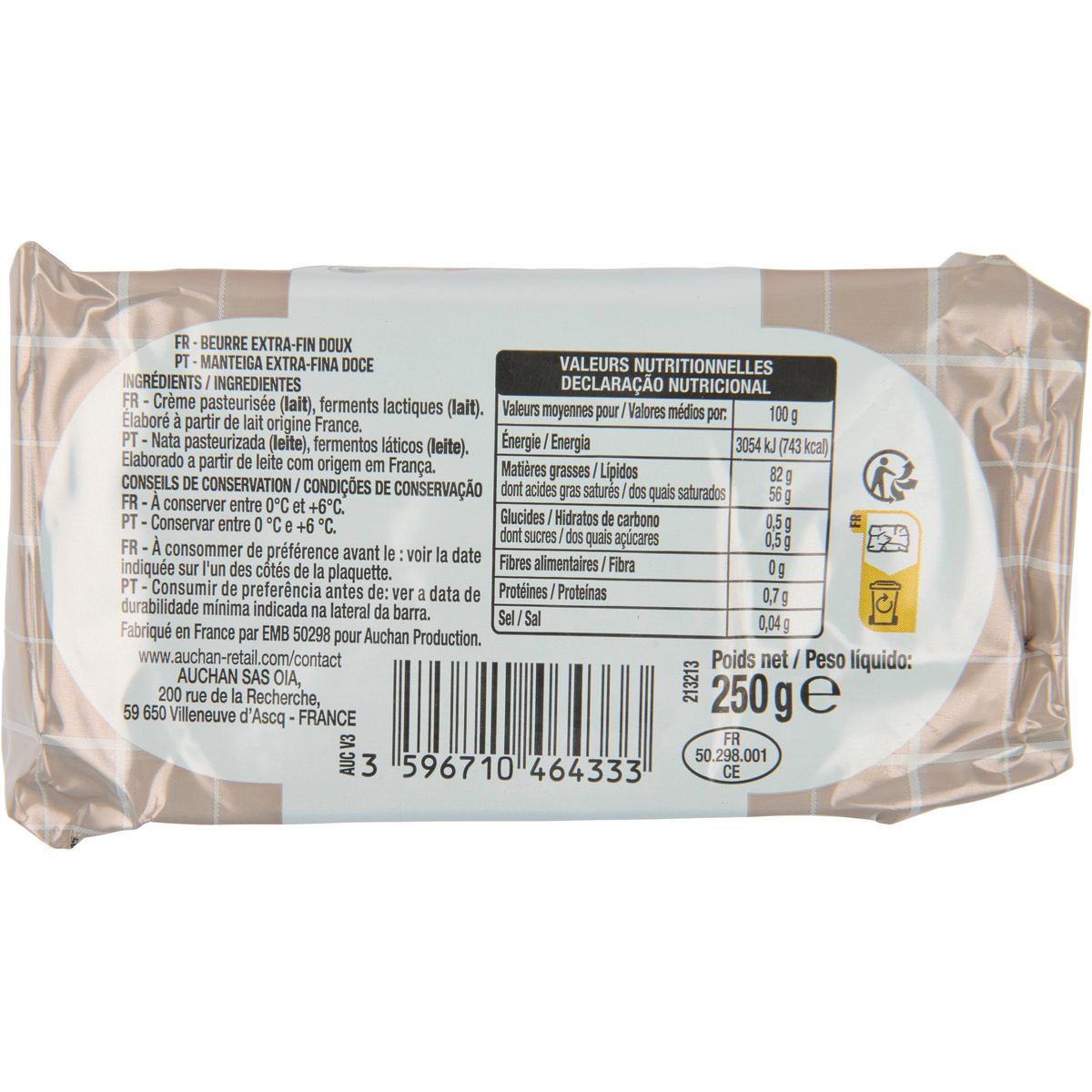 AUCHAN Beurre moulé doux de baratte 250g