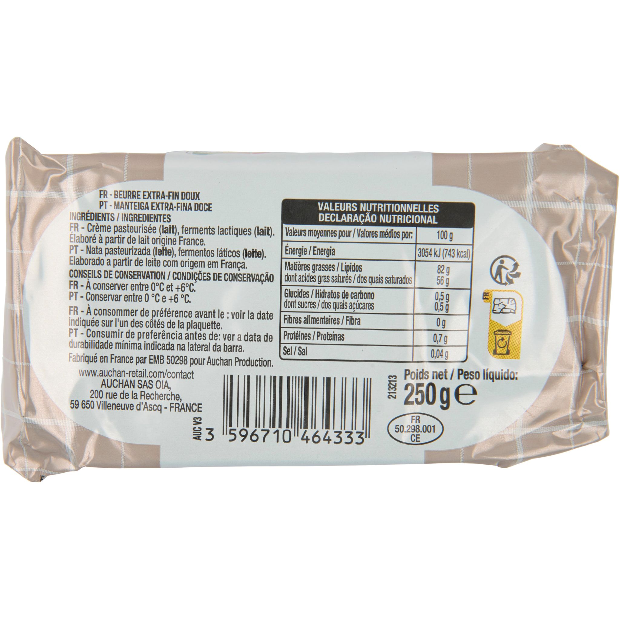 Voir la diapositive 2 : AUCHAN Beurre de baratte moulé doux 82%MG 250g