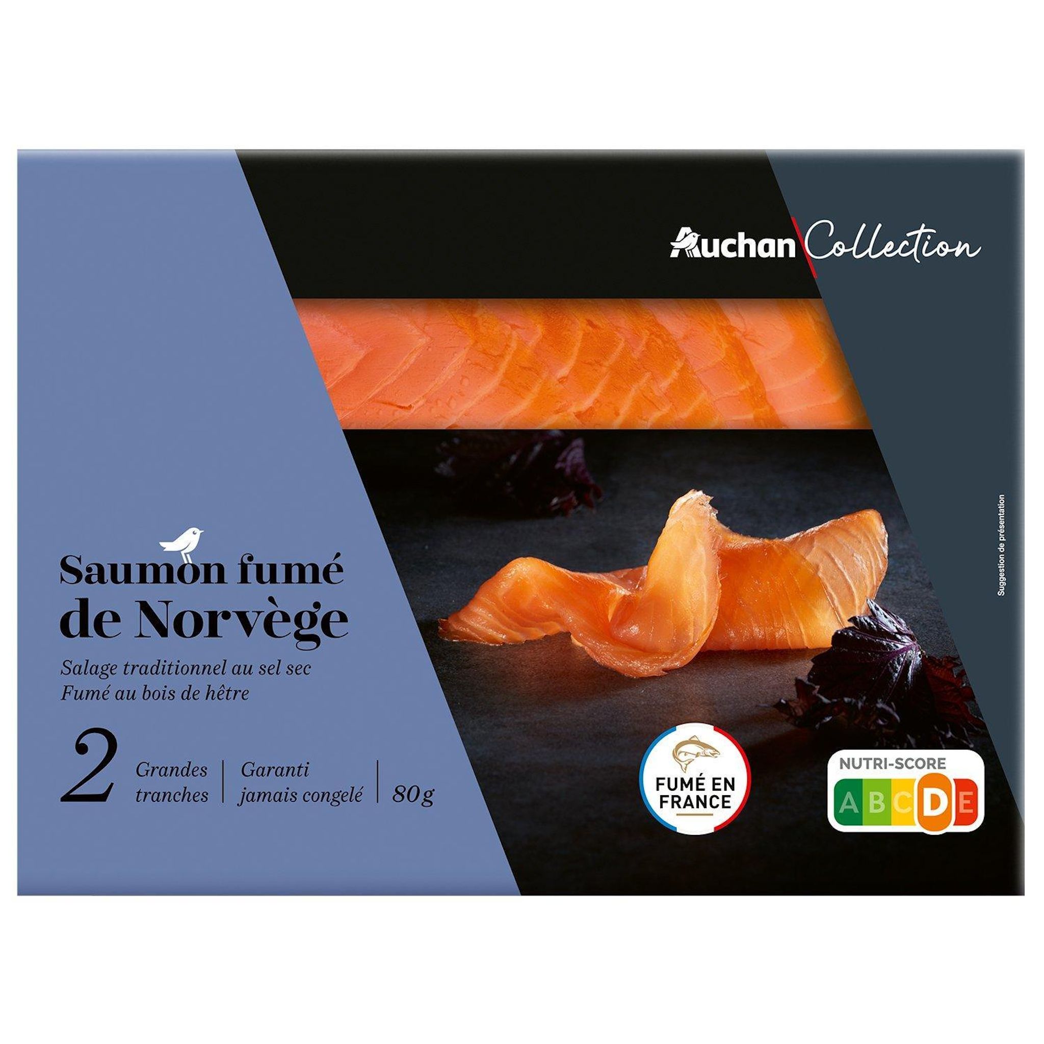 Voir la diapositive 3 : AUCHAN COLLECTION CULTIVONS LE BON Saumon fumé de Norvège 2 tranches 80g