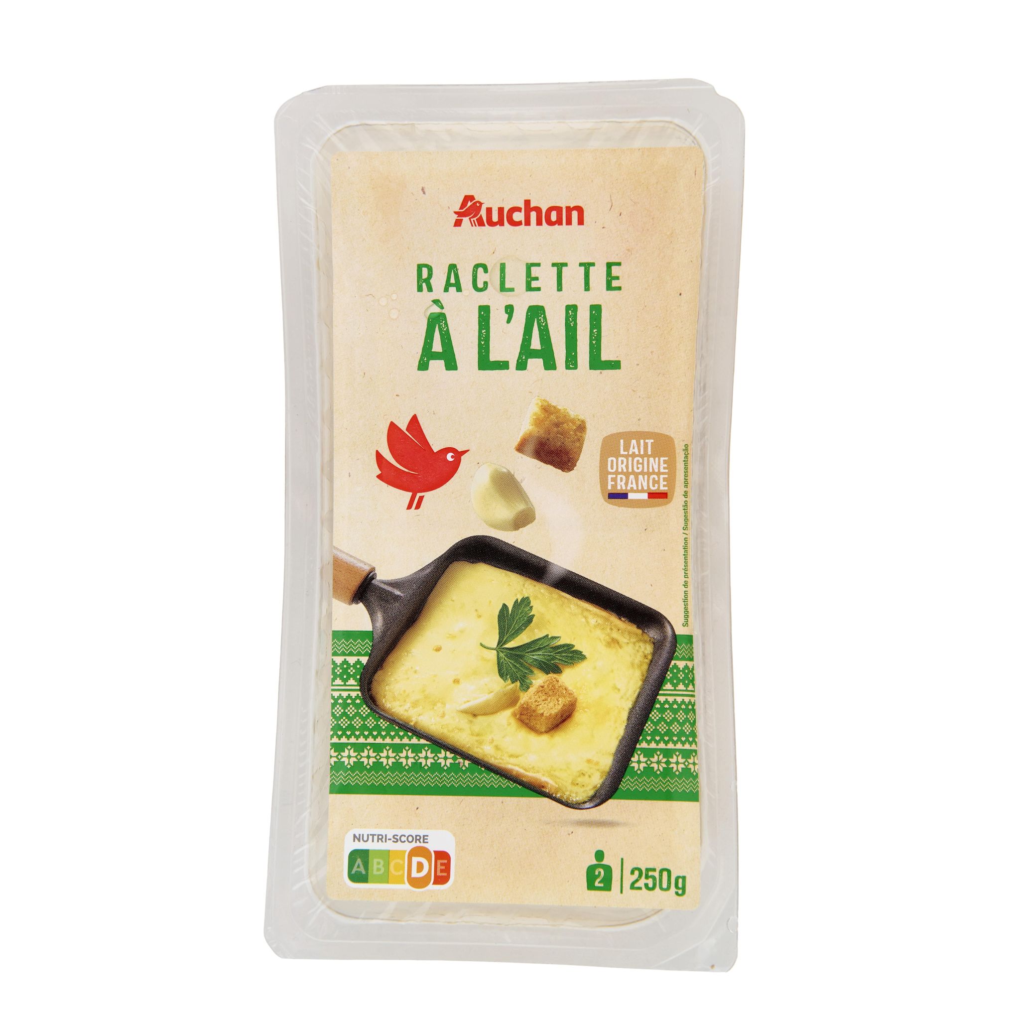 Voir la diapositive 2 : AUCHAN Fromage à raclette à l'ail 2/3 parts 250g