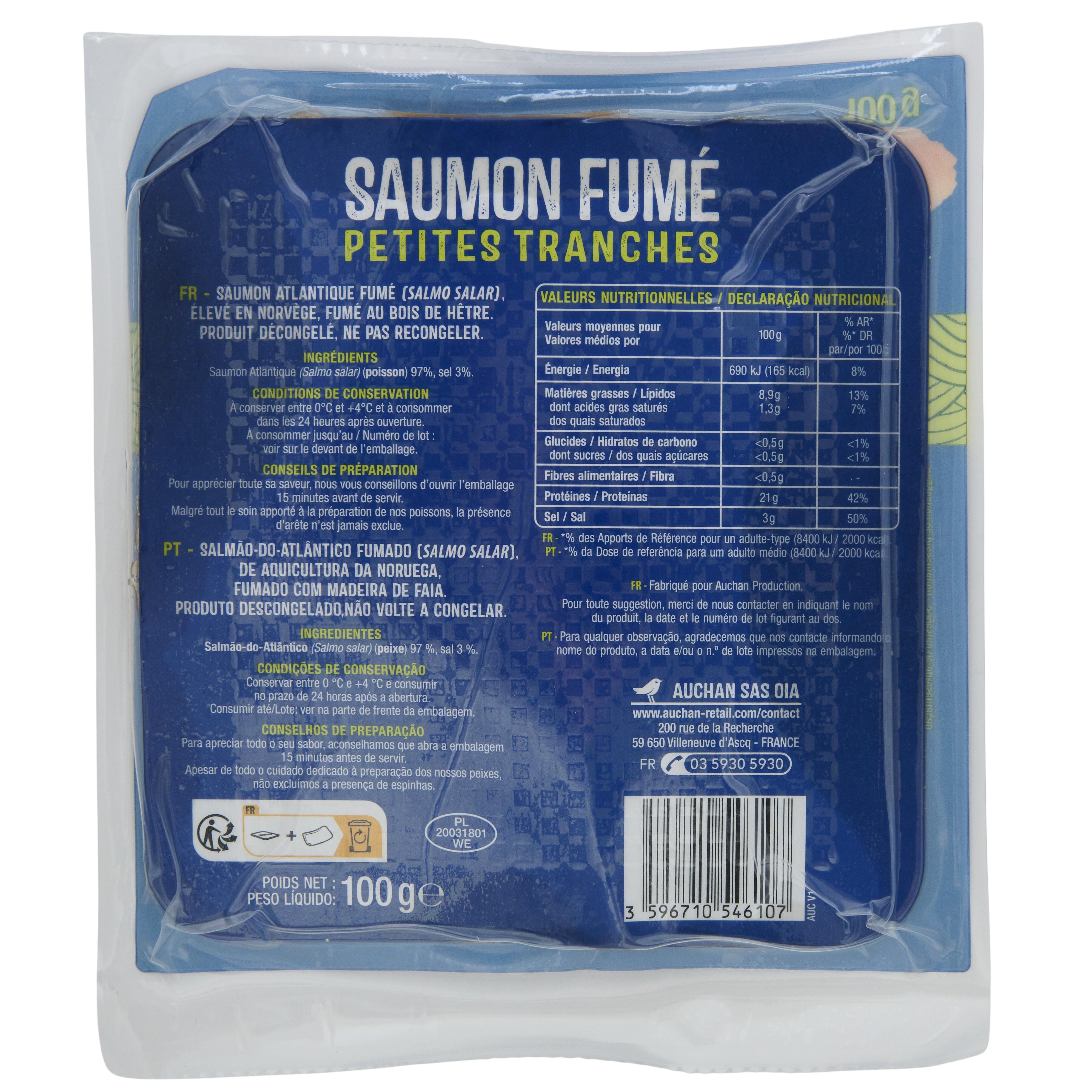Voir la diapositive 2 : AUCHAN Saumon fumé petites tranches 100g