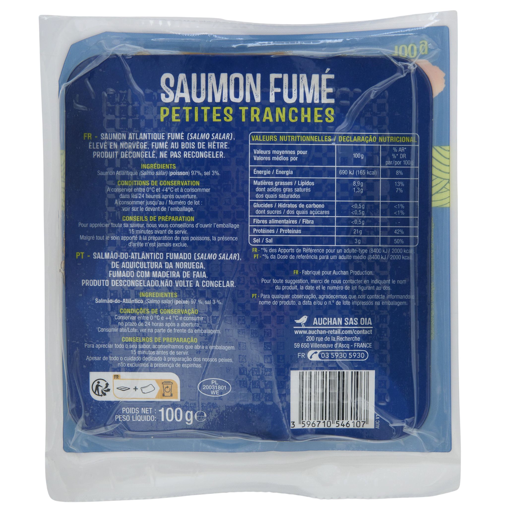 Voir la diapositive 3 : AUCHAN Saumon fumé petites tranches 100g