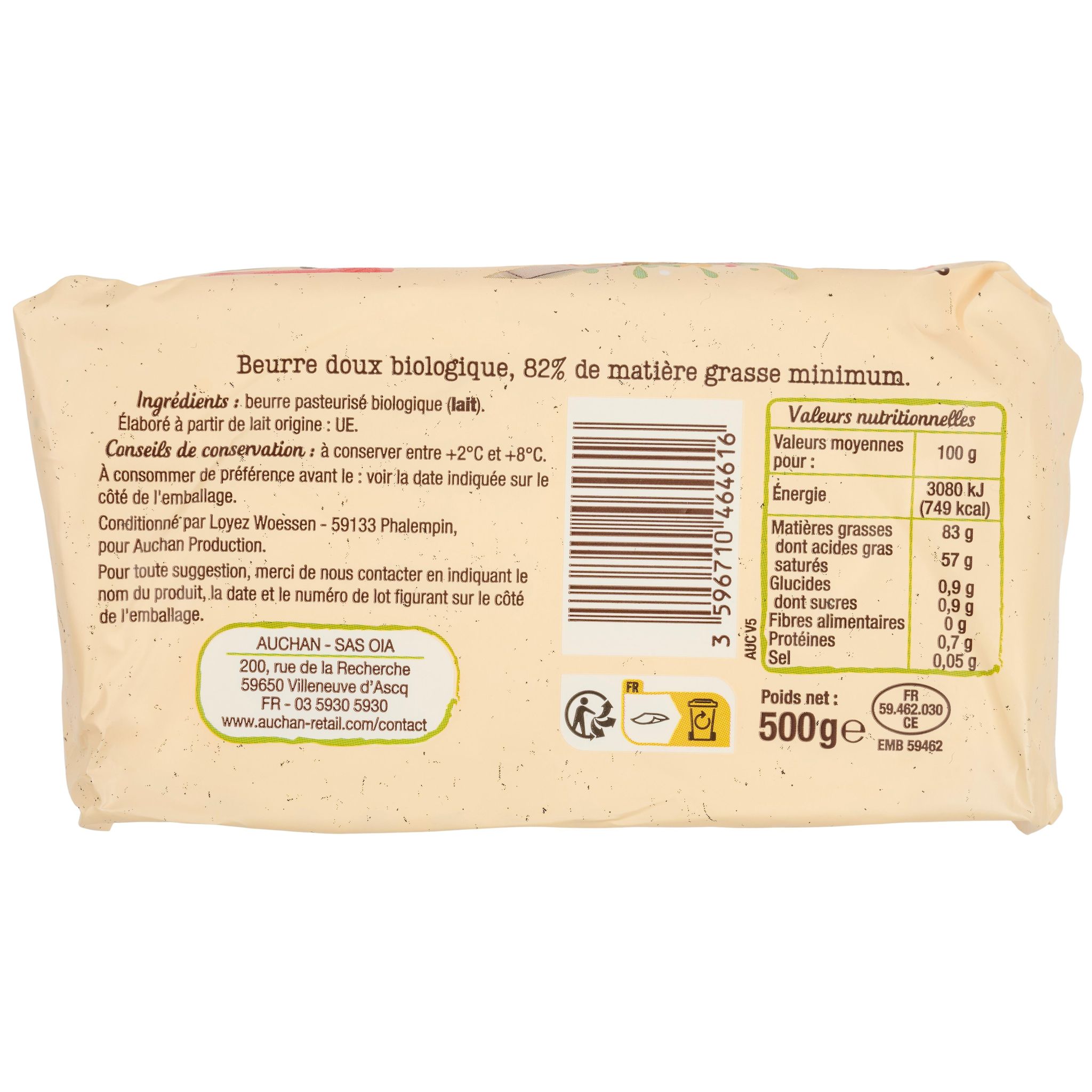 Voir la diapositive 2 : AUCHAN BIO Beurre moulé doux 83%MG bio 500g