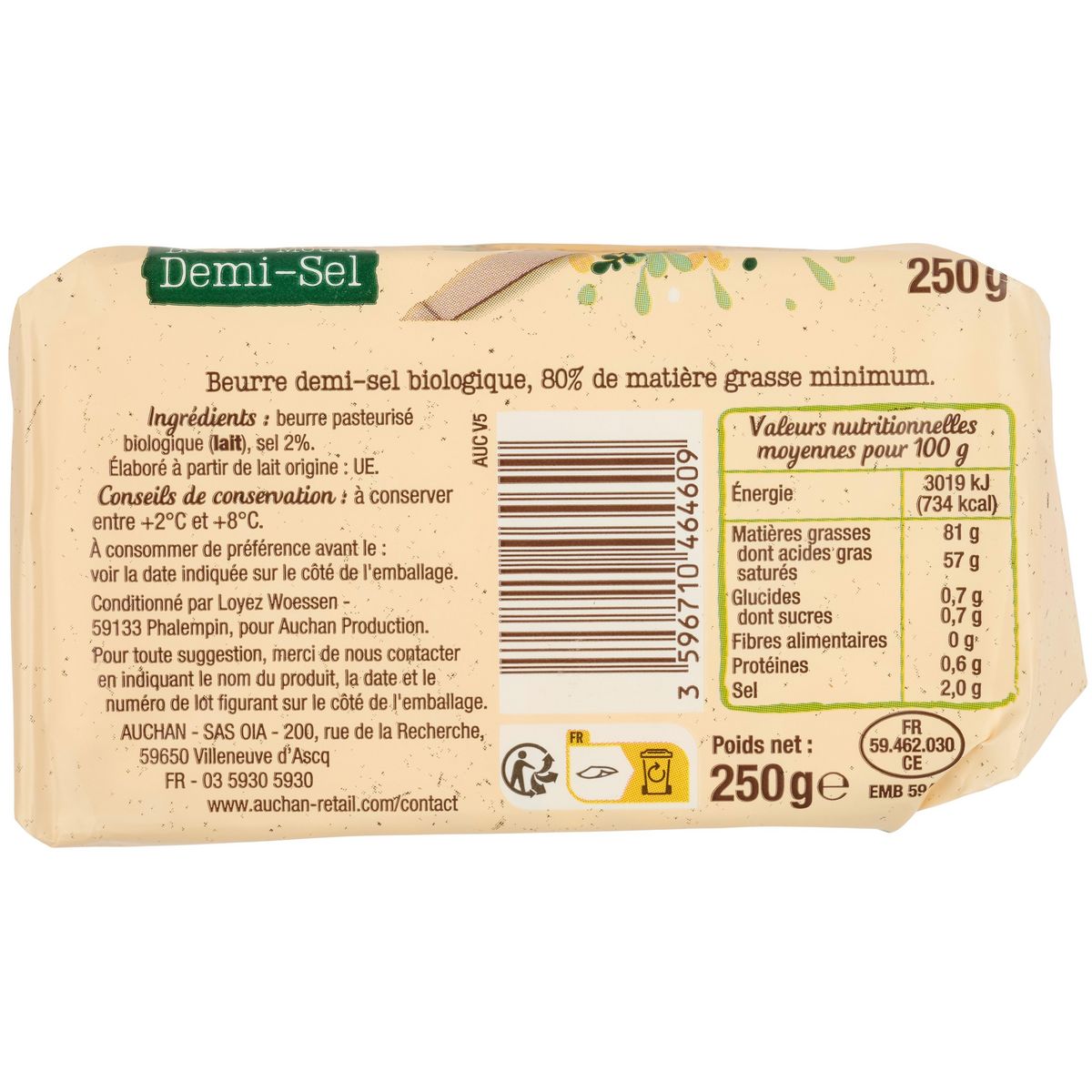 AUCHAN BIO Beurre moulé demi-sel 250g