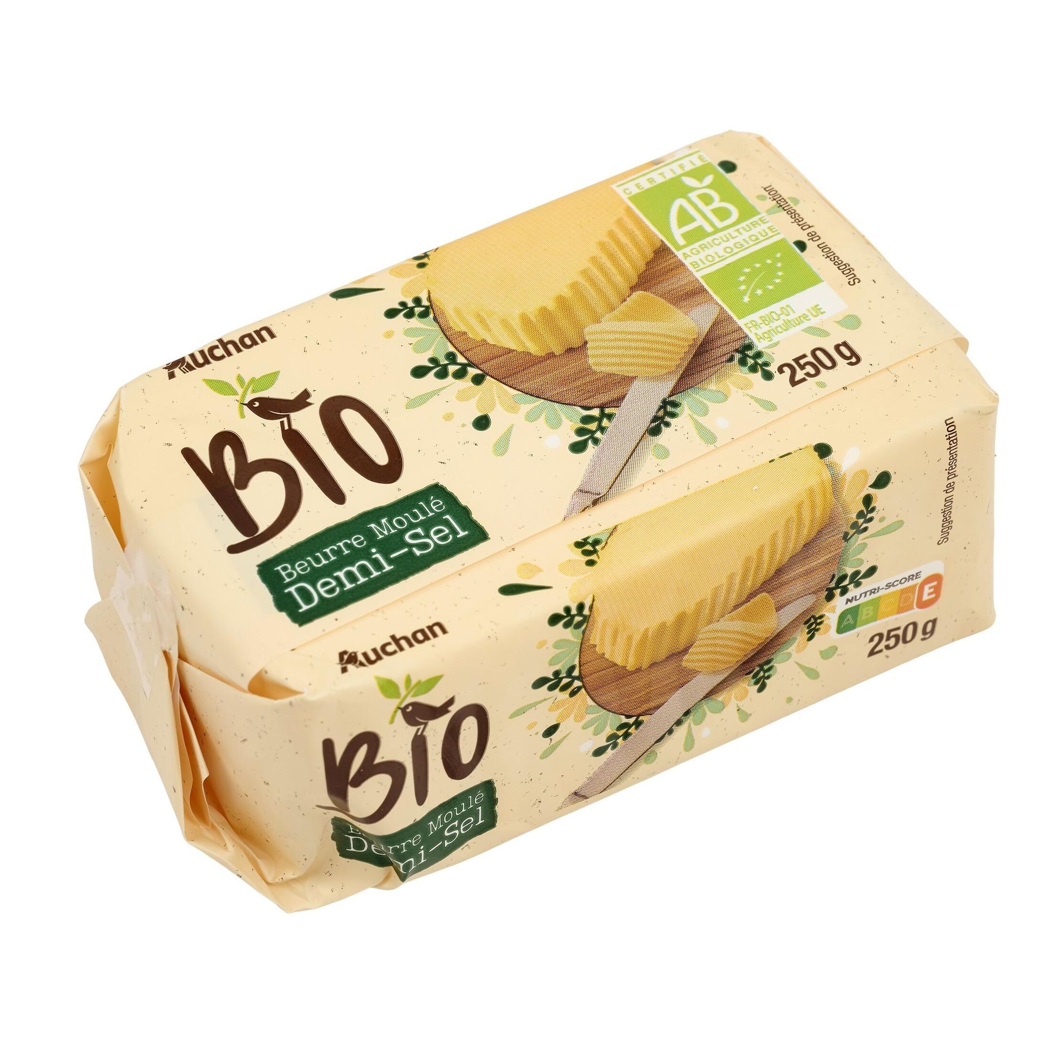 Voir la diapositive 2 : AUCHAN BIO Beurre moulé demi-sel 81%MG bio 250g